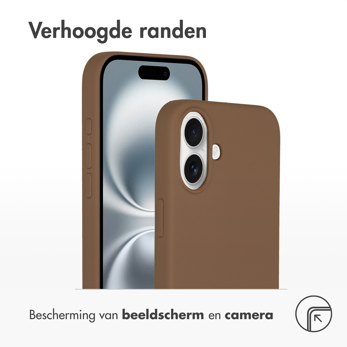 Deux coques de téléphone marron, l'une derrière l'autre, sur fond blanc.