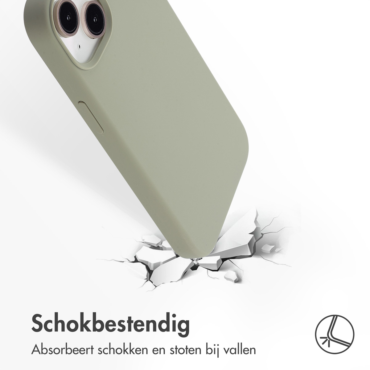 Zielone etui na telefon spada i pęka ziemię. Etui jest odporne na wstrząsy.