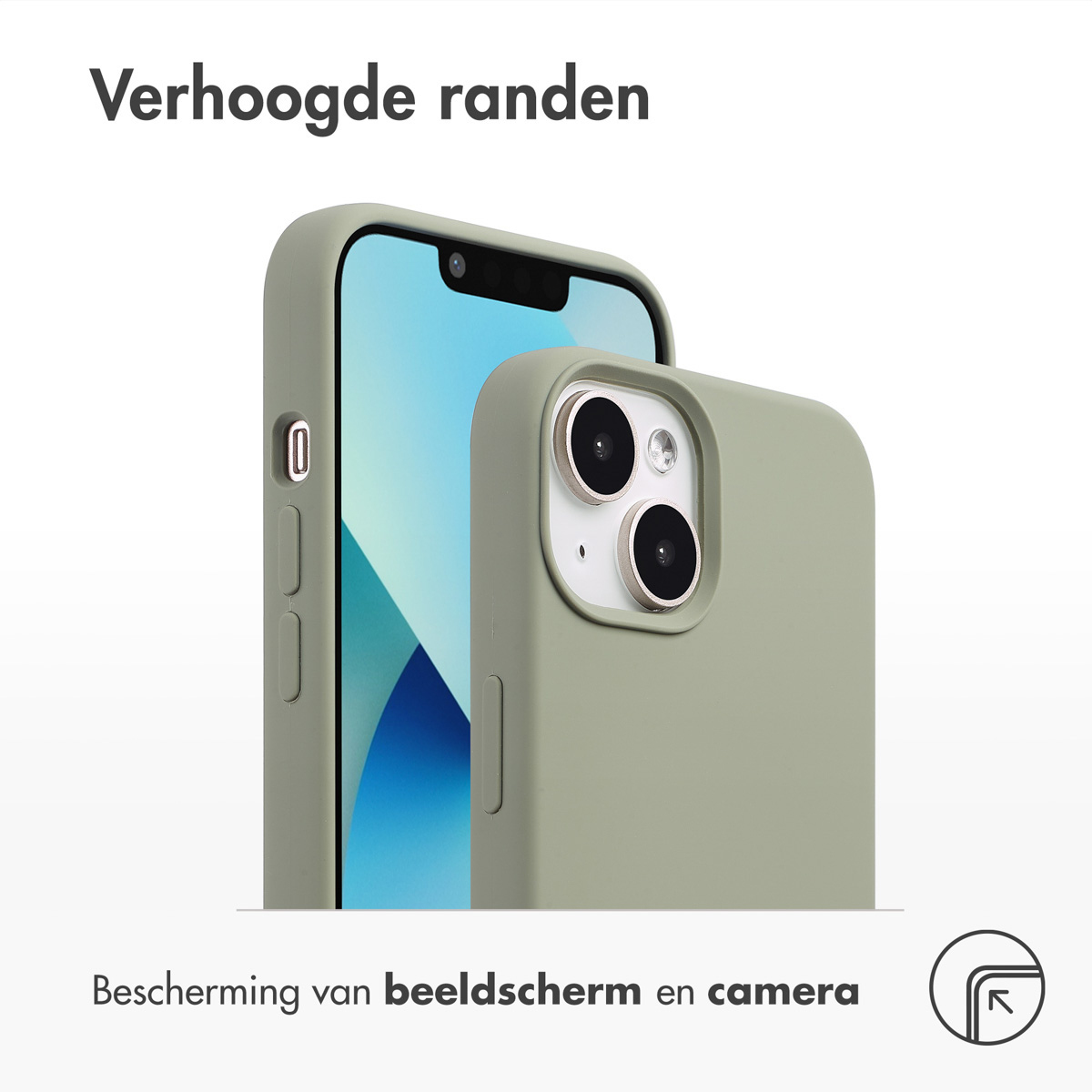 Zielone etui na telefon z telefonem. Tekst: Podwyższone krawędzie chronią ekran i aparat.