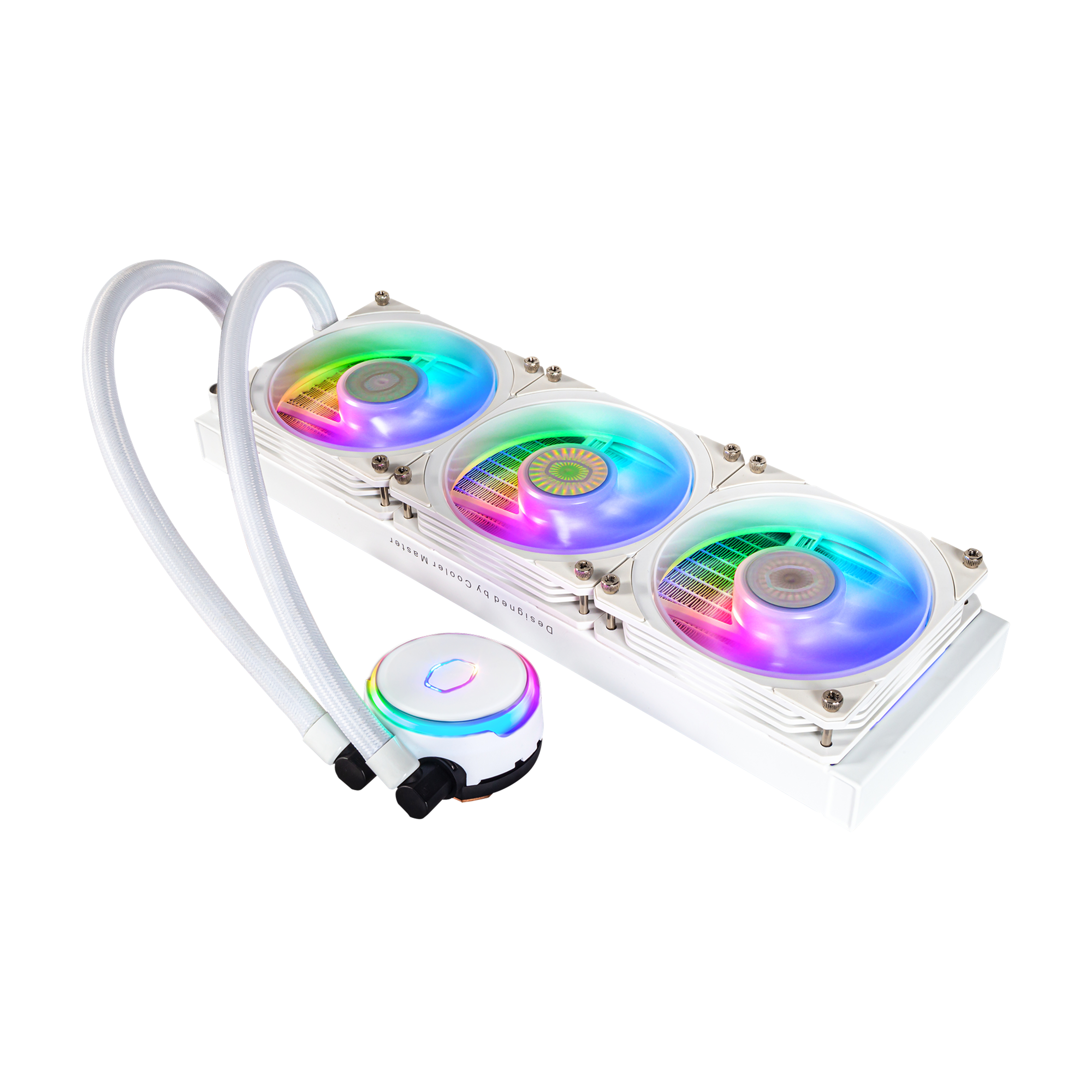 Dissipatore a liquido bianco con tre ventole, ciascuna con illuminazione RGB, e una pompa più piccola.