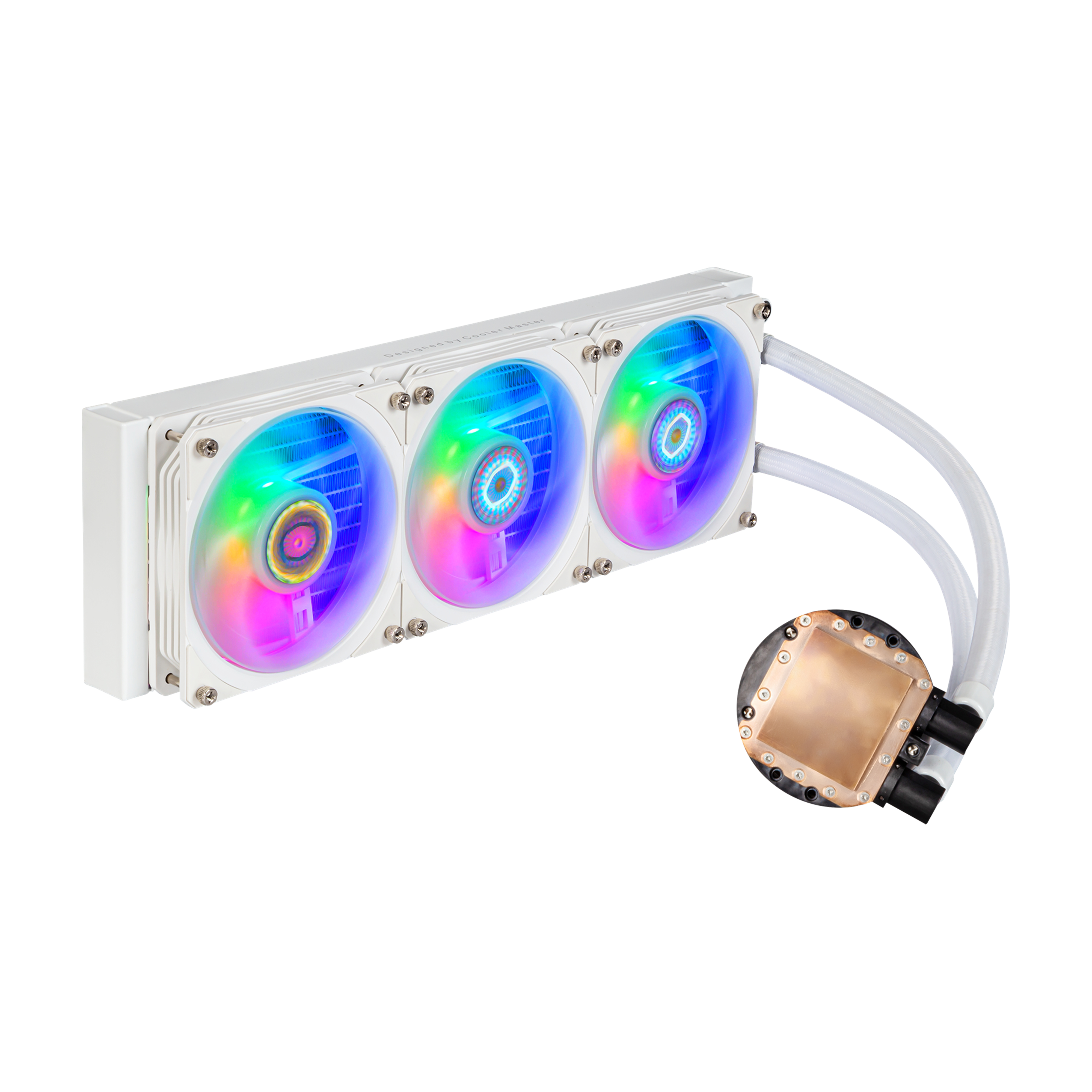 Un dissipatore a liquido bianco con tre ventole RGB e una piastra di raffreddamento in rame.