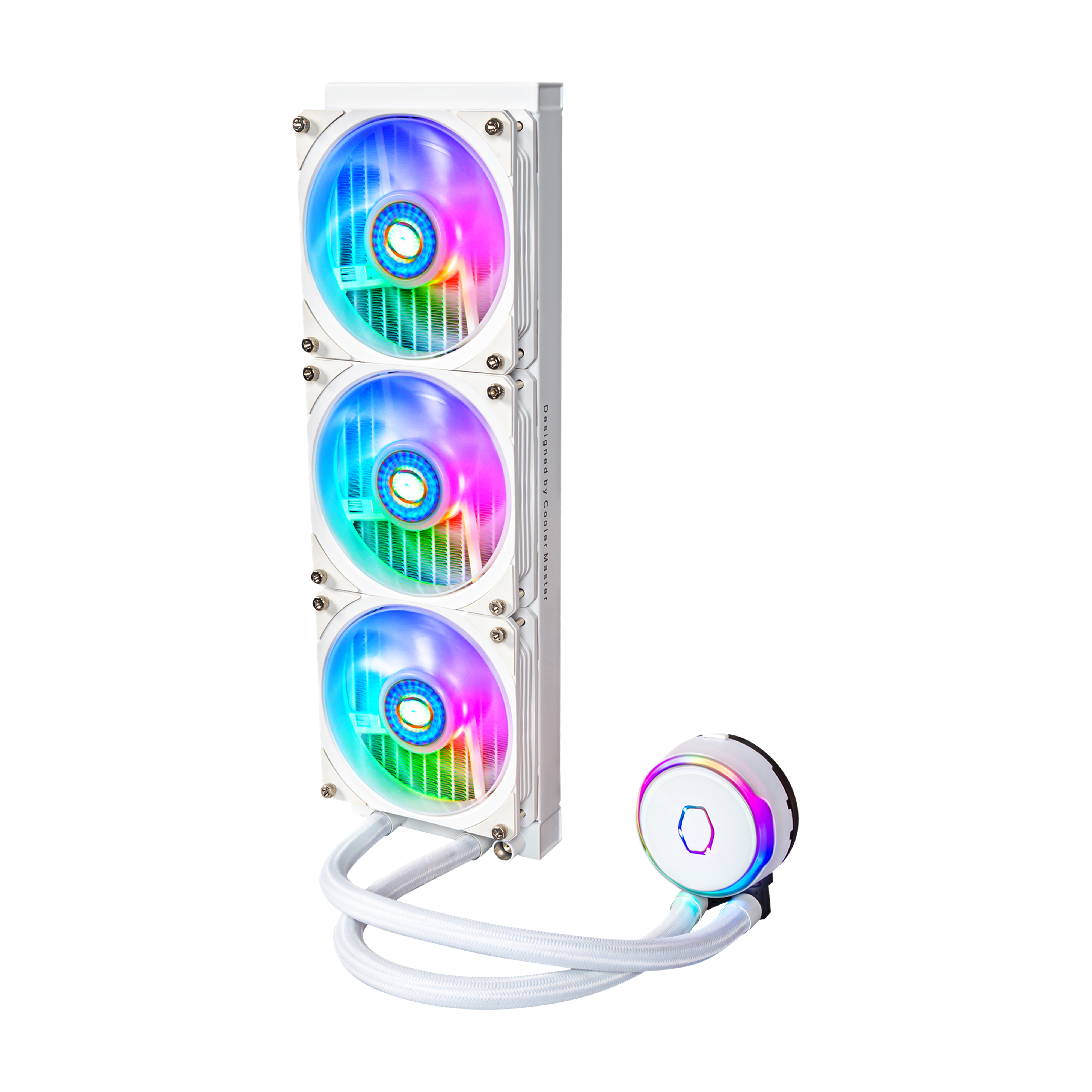 Dissipatore a liquido bianco con tre ventole illuminate con colori arcobaleno e sfondo bianco.