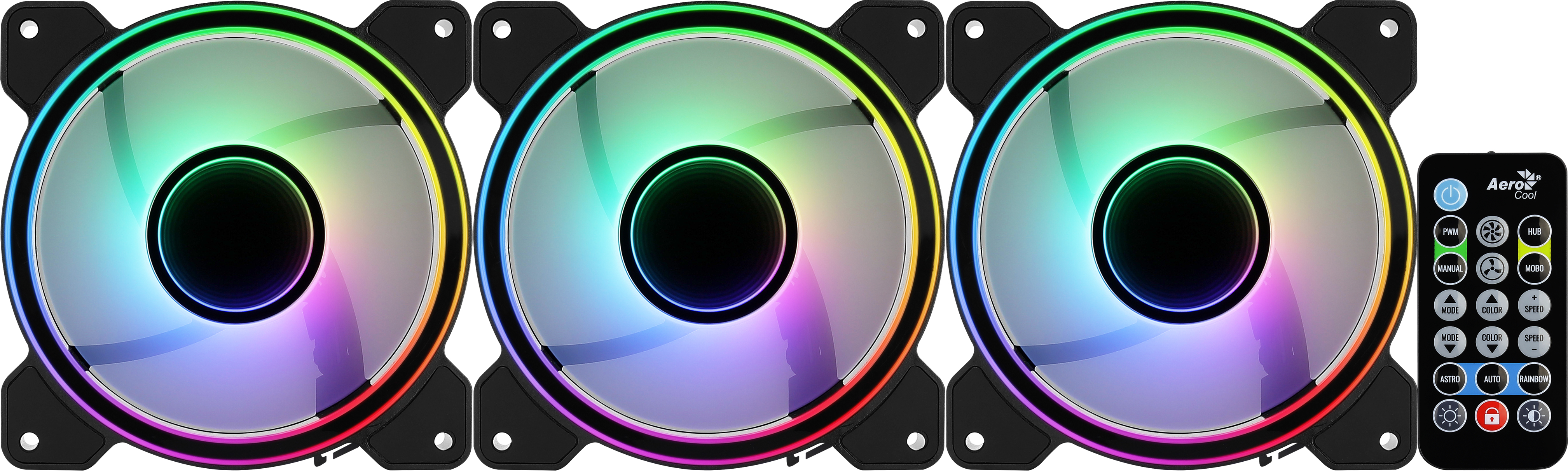 Trzy okrągłe wentylatory komputerowe z kolorowymi światłami i pilotem.