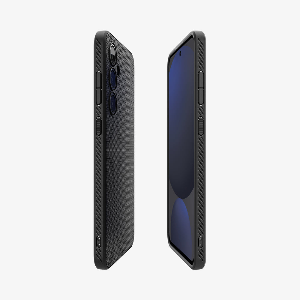 Due telefoni con custodie nere. Un telefono è di lato, mostrando lo schermo, e l'altro è il retro.