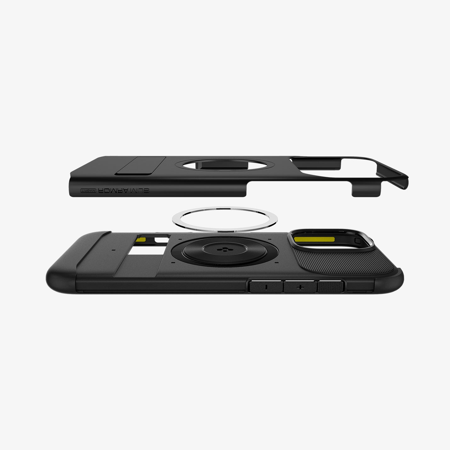Zwarte telefoonhoes met magnetische ring. De hoes is open en in delen gescheiden.