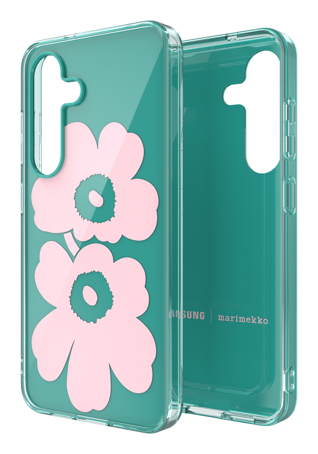 Una custodia trasparente per telefono con disegni di fiori rosa. Si legge Marimekko e Samsung.