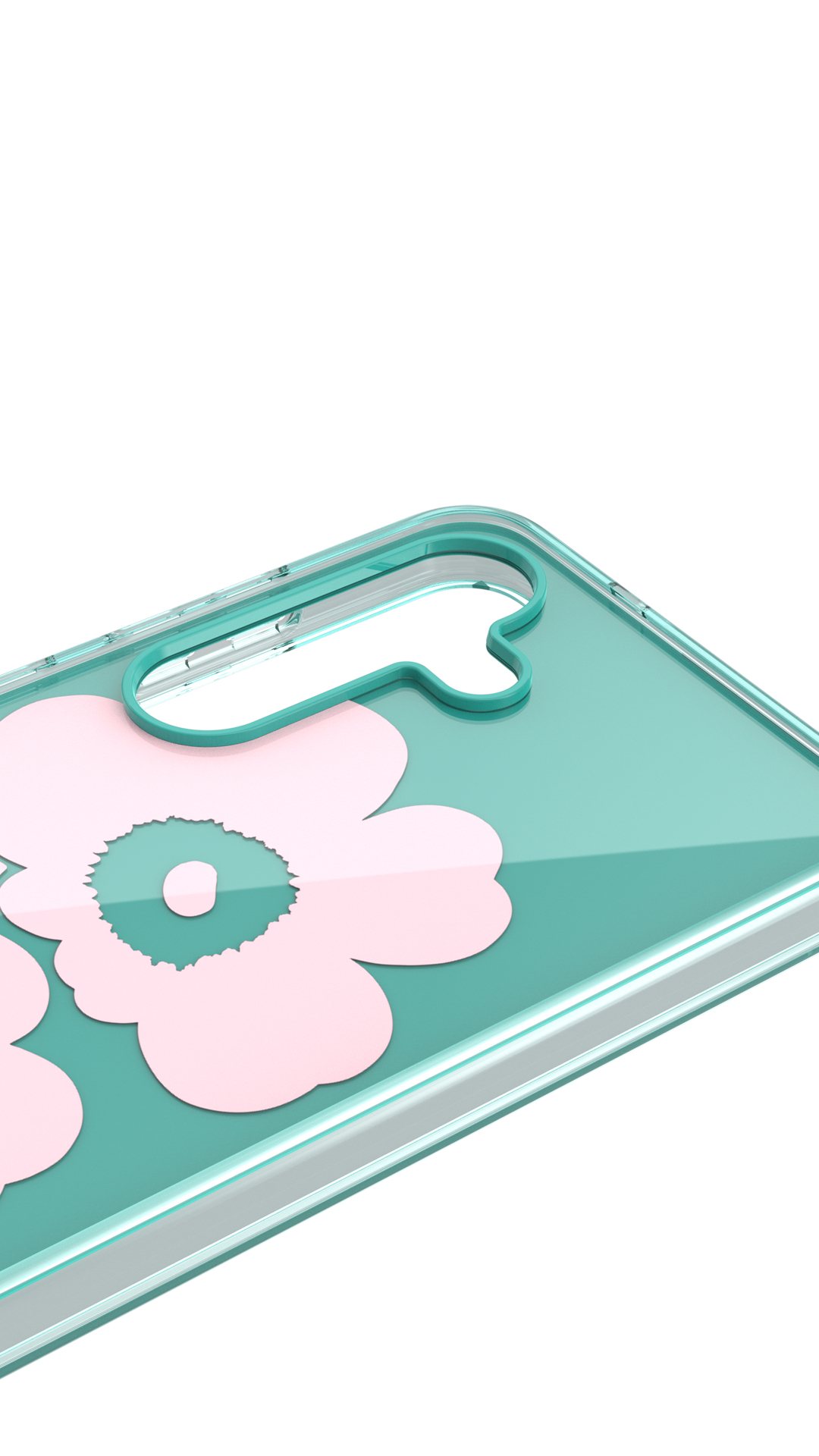 Primo piano di una custodia per telefono con base verde acqua e motivo floreale rosa su sfondo bianco.
