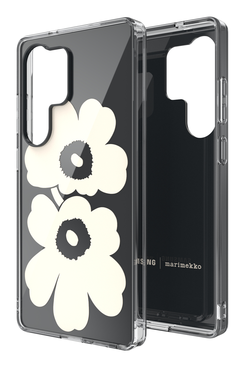 Eine transparente Handyhülle mit weißem Blumendesign. Die Hülle befindet sich neben einer anderen transparenten Handyhülle.