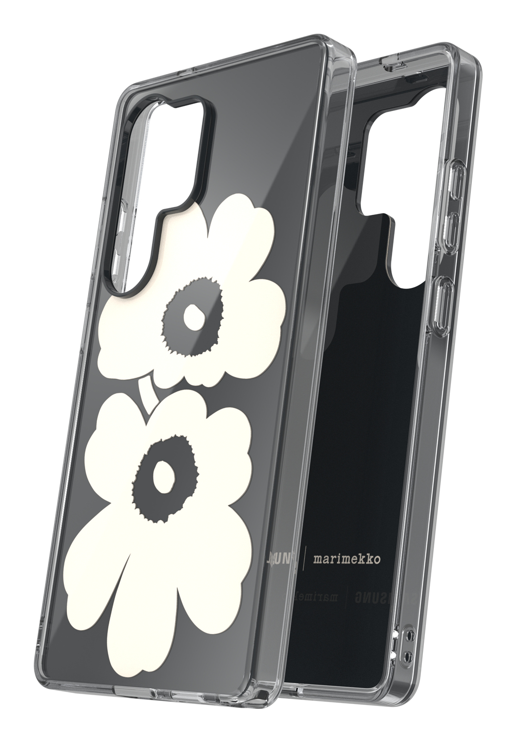 Transparente Handyhülle mit weißen Blumen.