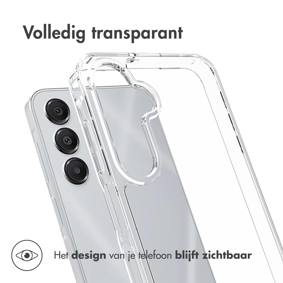Coque de téléphone transparente avec un téléphone. Le texte dit Volledig transparant. Le texte dit Het design van je telefoon blijft zichtbaar.