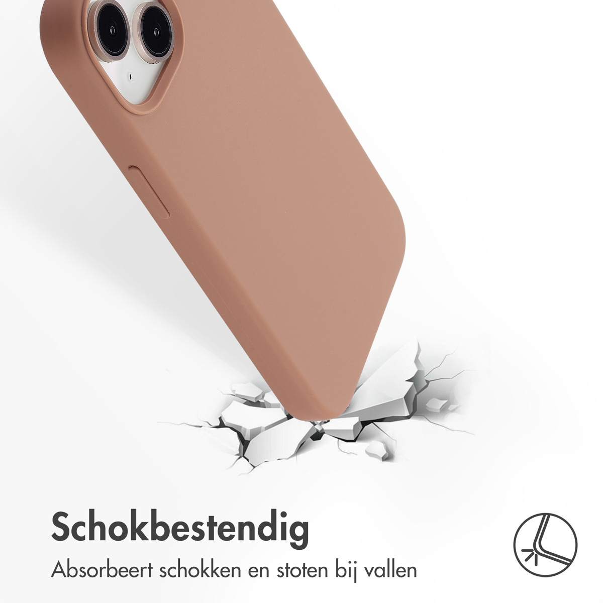 Een roze telefoonhoesje met een gebroken hoek. Tekst zegt 'Schokbestendig' en 'Absorbeert schokken'.