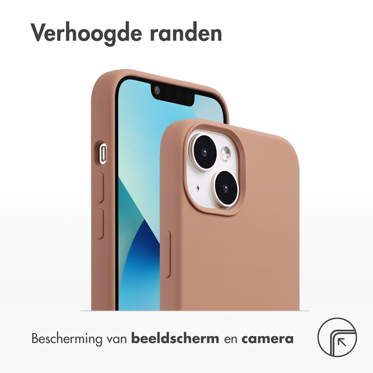 Twee telefoons in hoesjes, één vooraan, beige, en de andere achteraan, turquoise. Tekst erboven.