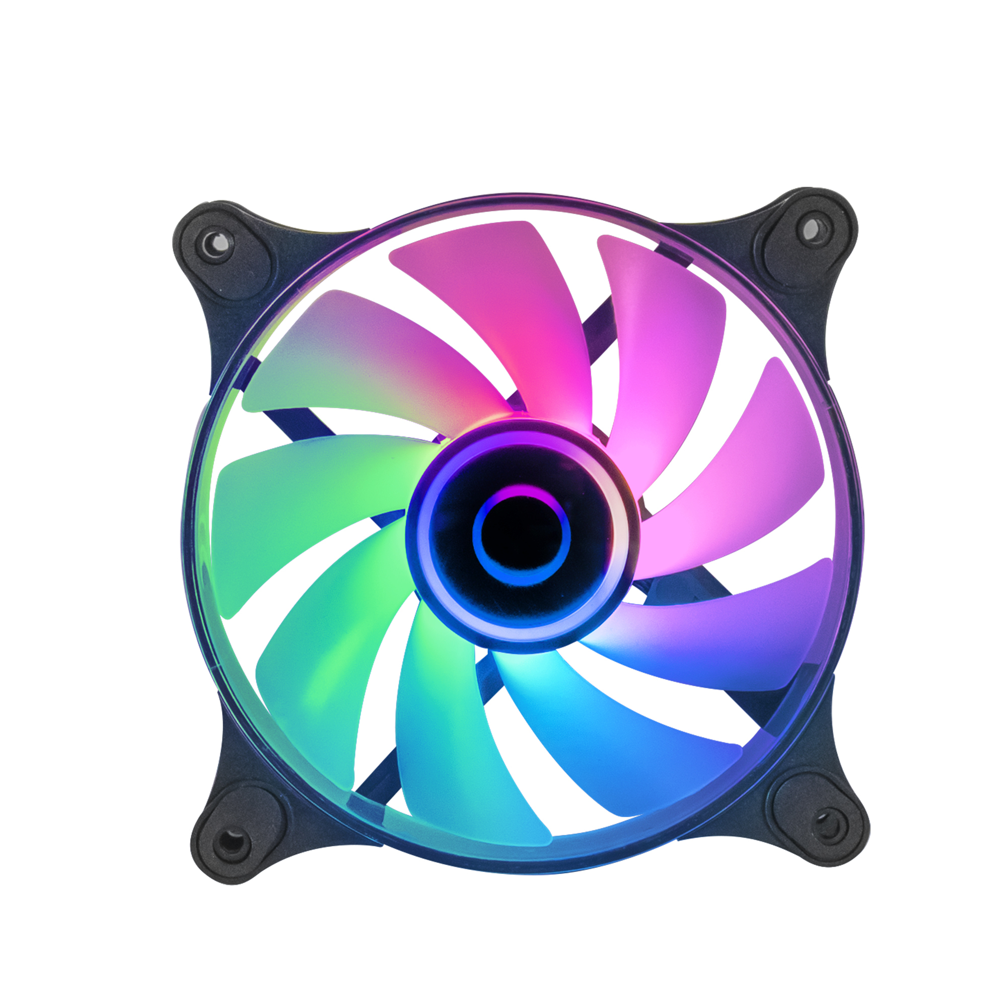 Primer plano de ventilador de computadora con aspas arcoíris, marco negro.
