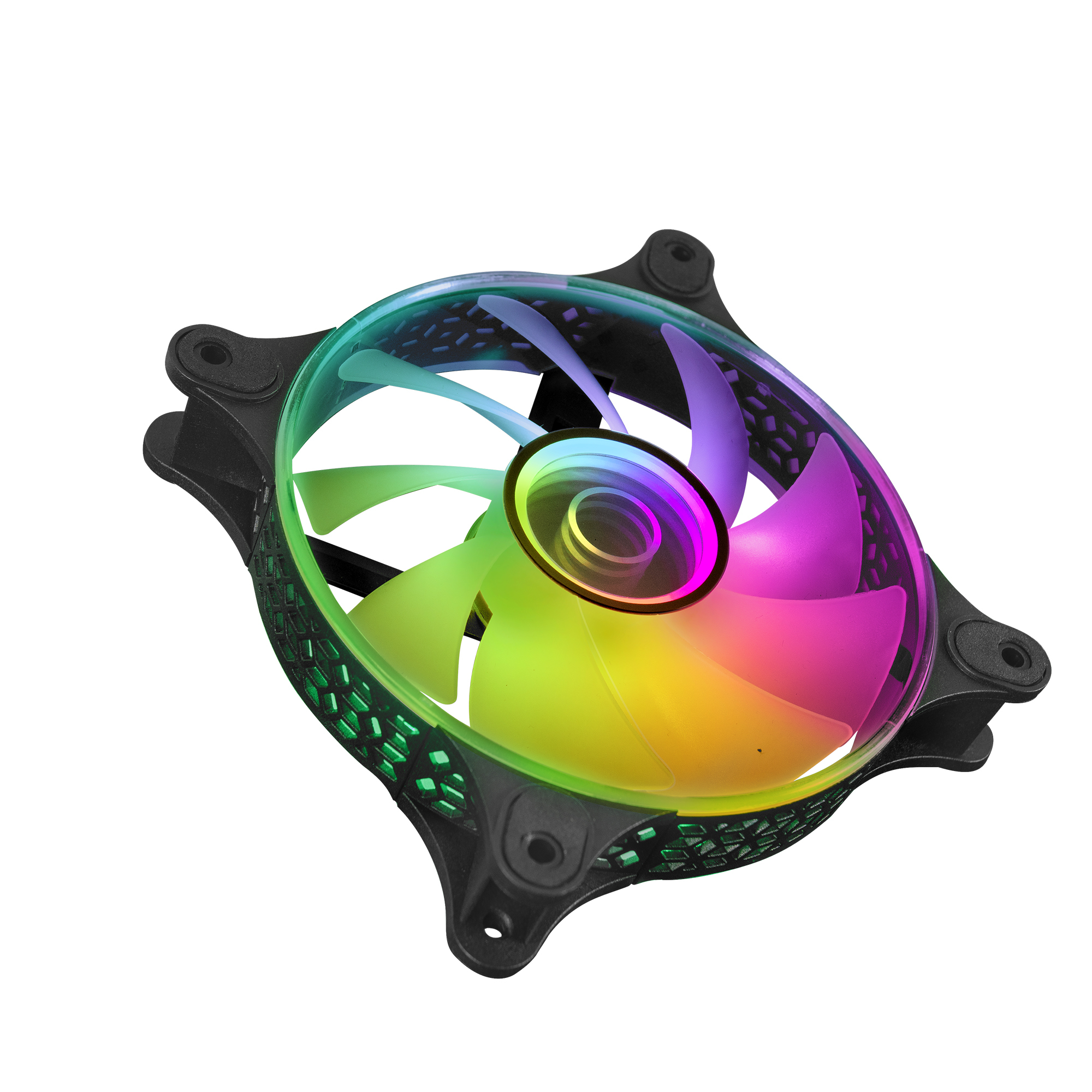 Ventilador de ordenador con luces RGB. Marco negro, aspas coloridas, fondo blanco.