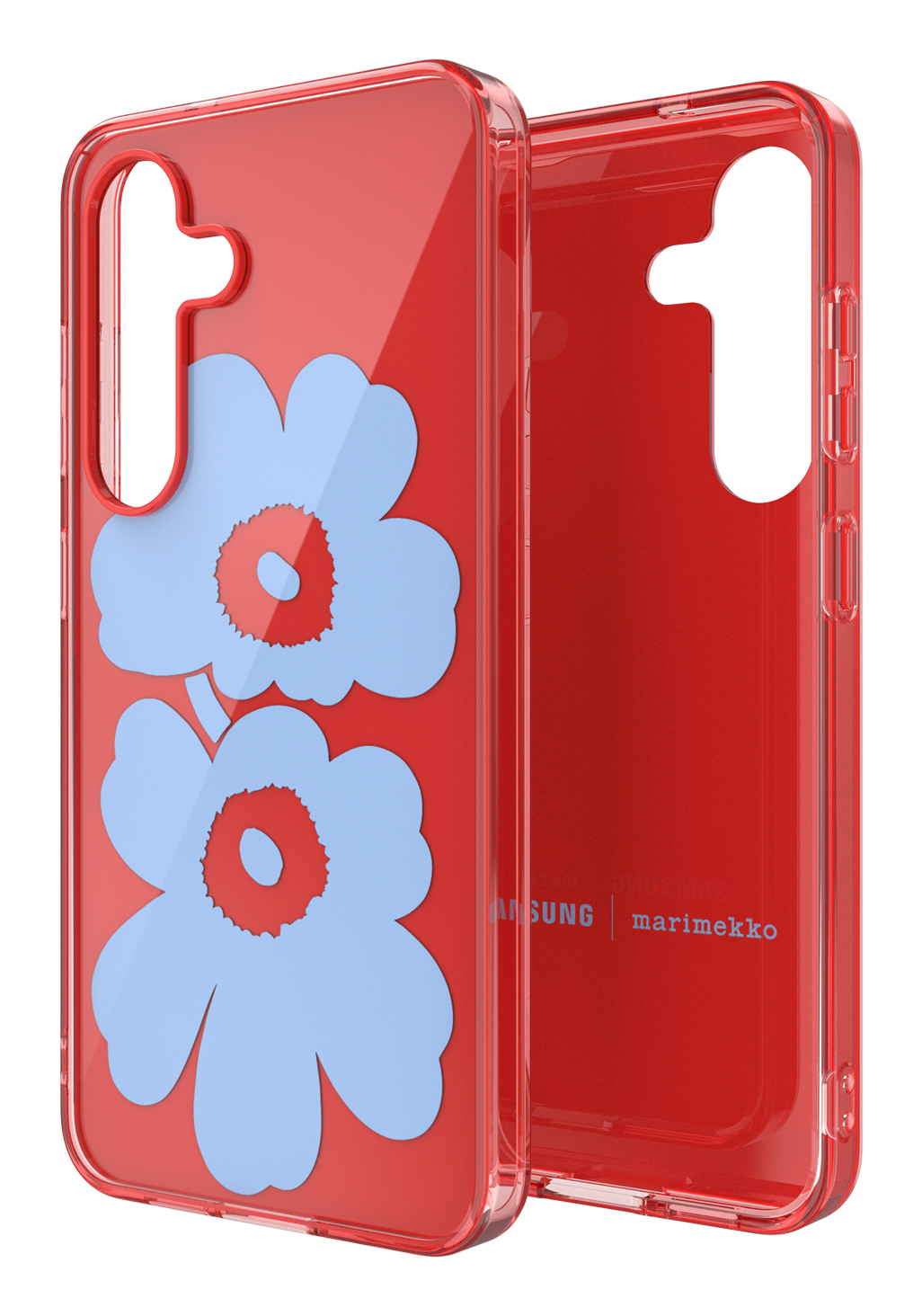 Una funda roja para teléfono con diseños de flores azules y los logotipos de Samsung y Marimekko.