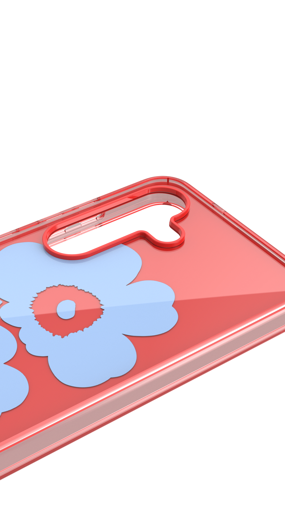 Primer plano de una funda de teléfono roja con recortes de flores azul claro. Recorte de cámara.