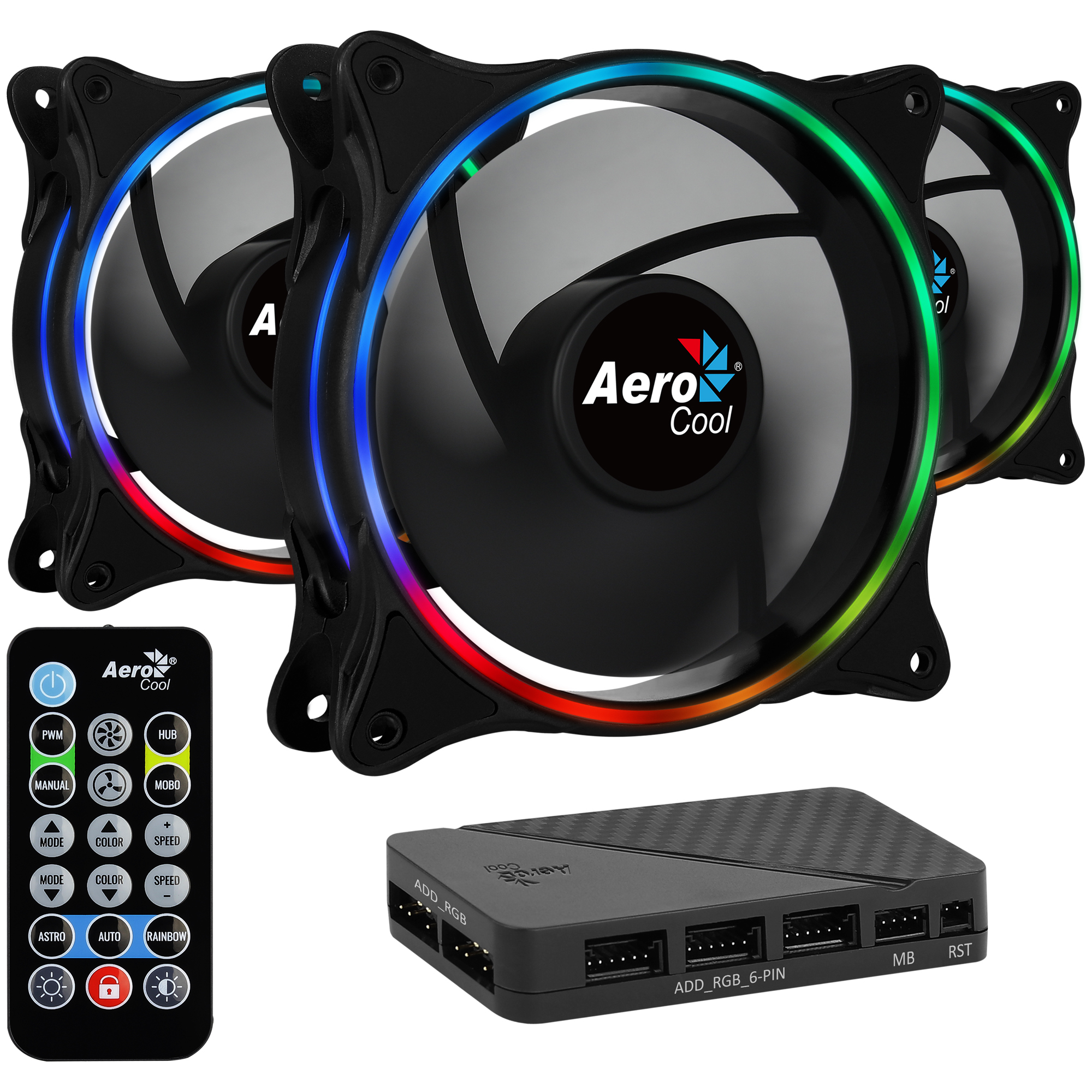 Set di tre ventole per PC con illuminazione RGB, un'unità di controllo e un telecomando.