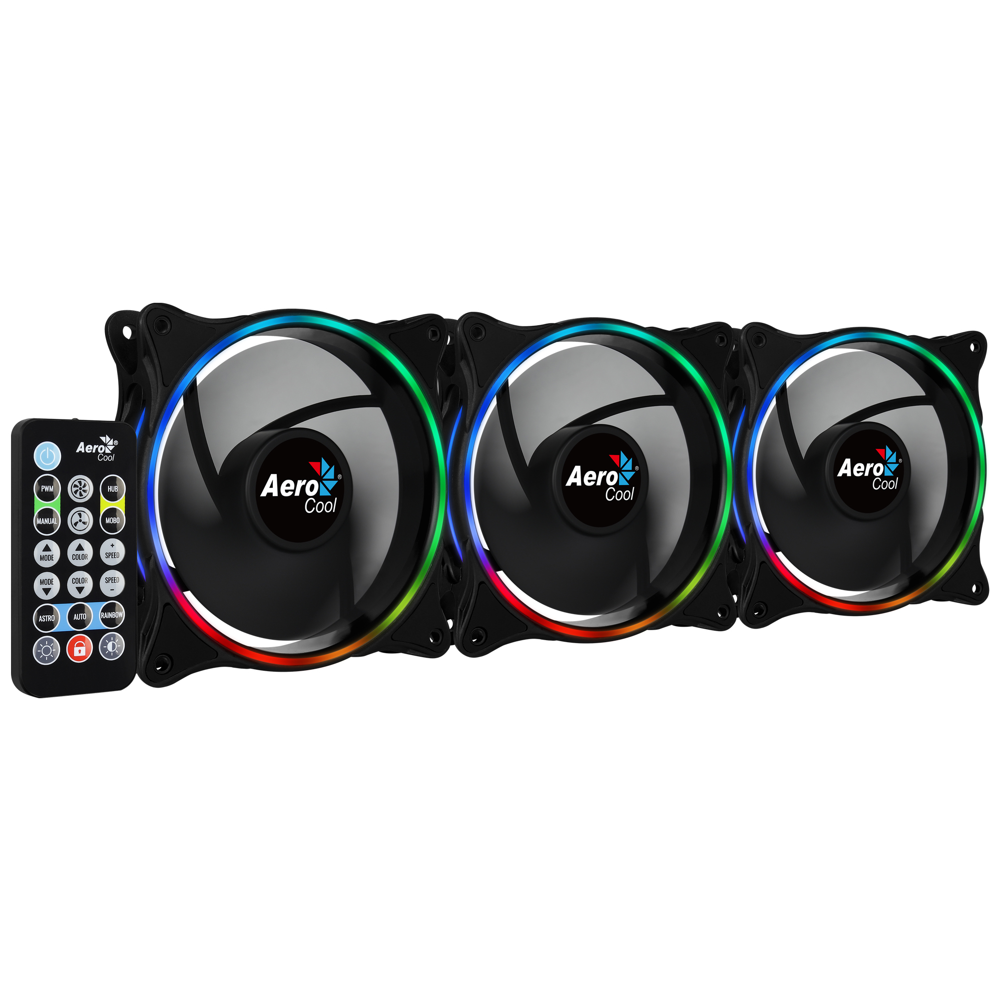 Tre ventole RGB per PC con telecomando. Cornice nera con anelli LED colorati e logo centrale. Telecomando a sinistra.