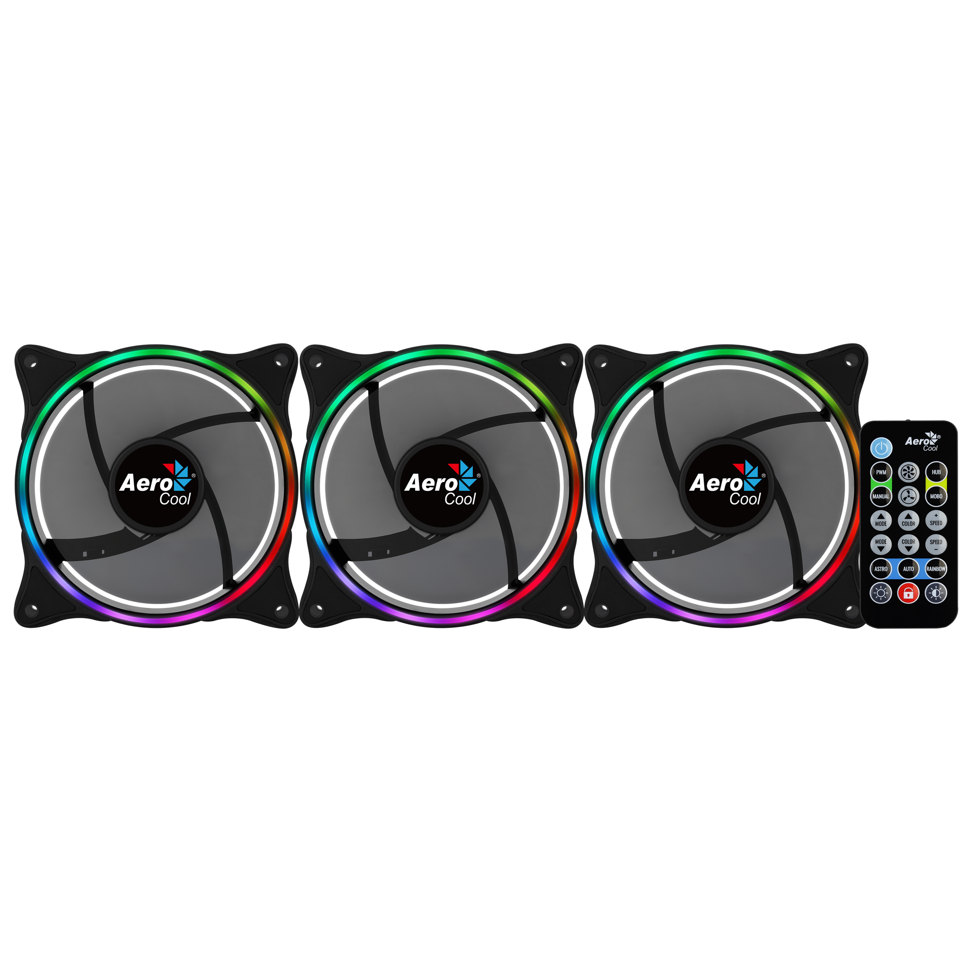 Tre ventole per computer con illuminazione RGB e un telecomando.