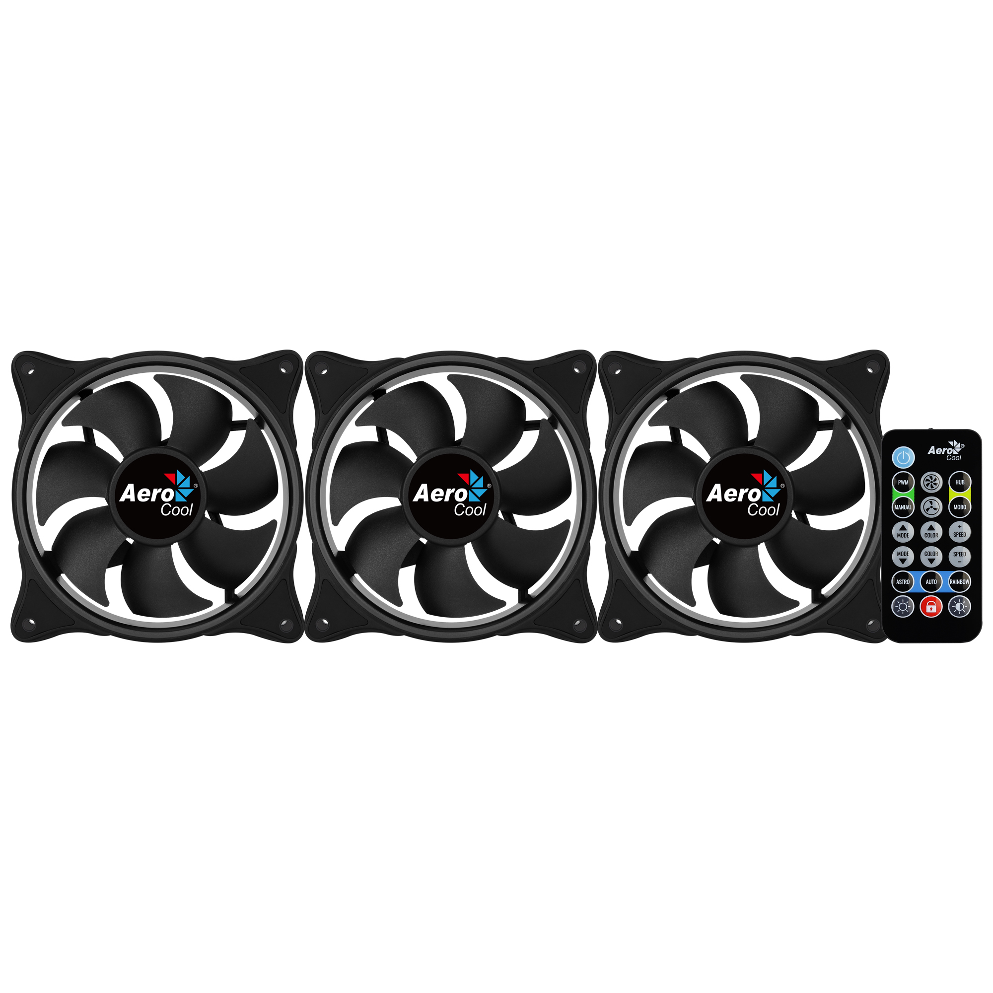 Tre ventole per PC nere, con il logo AeroCool e un telecomando.