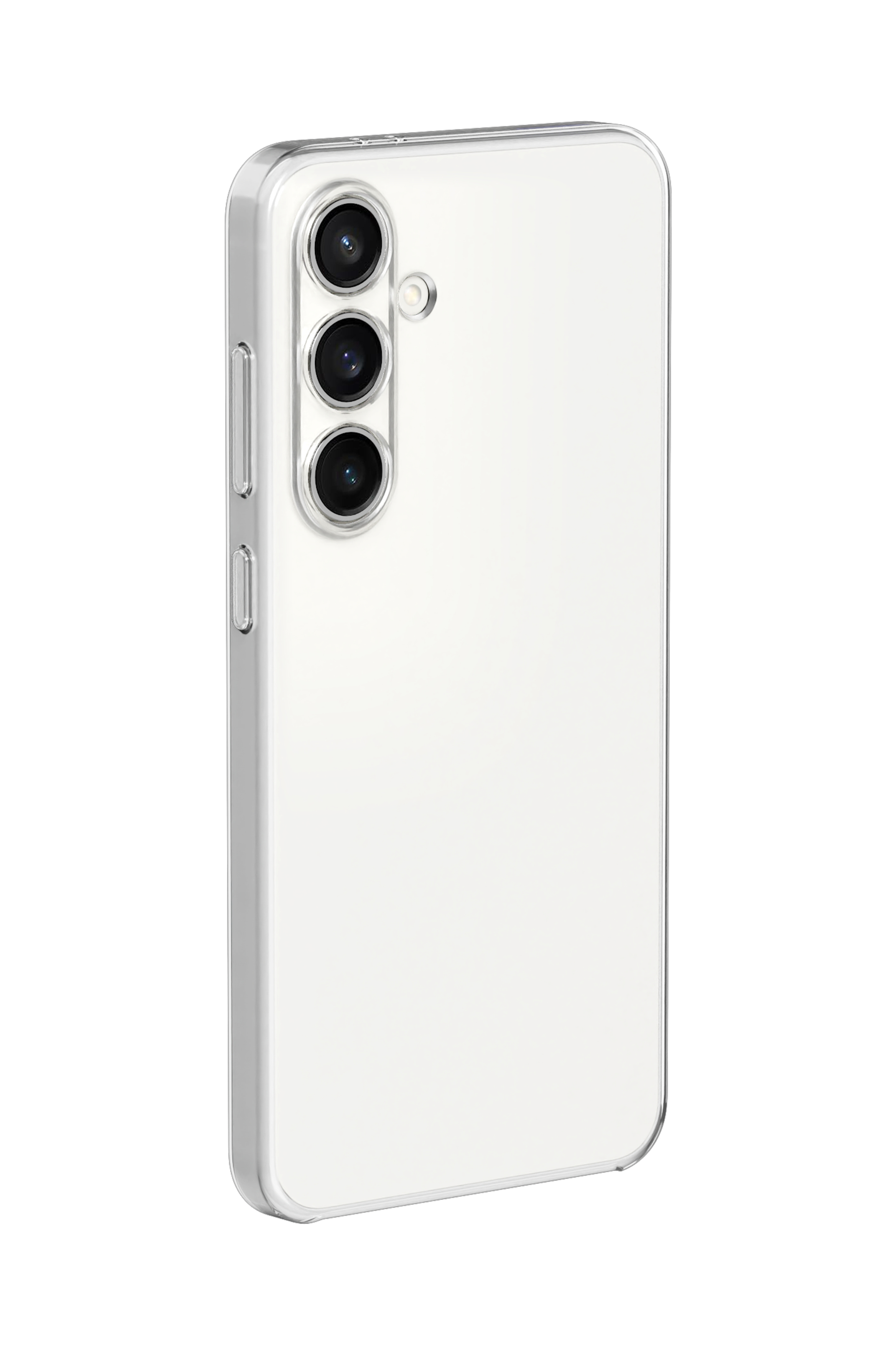 Un teléfono blanco visto desde atrás. Tiene tres cámaras y una funda transparente.