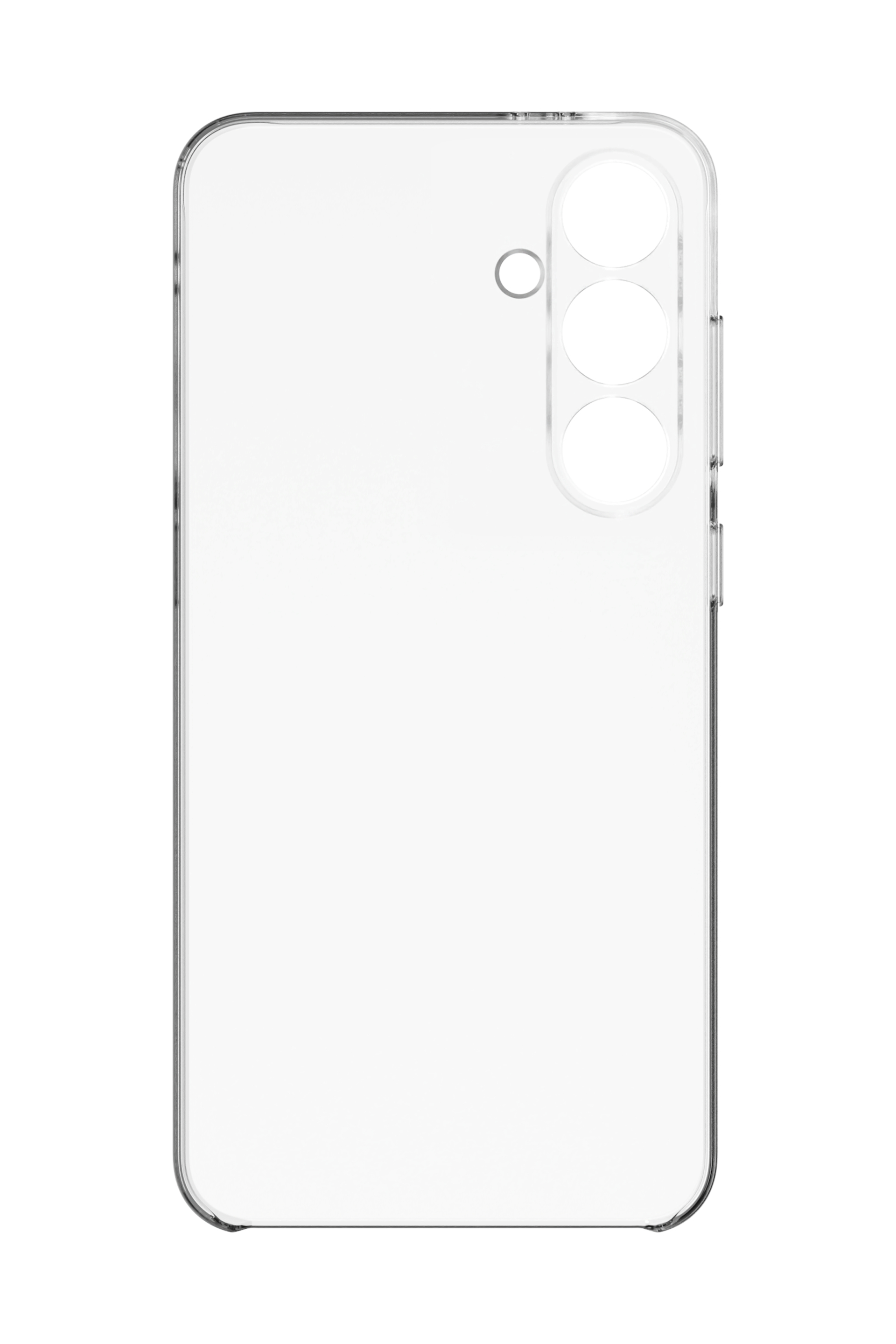 Funda transparente para teléfono sobre fondo blanco. Espacio para lentes y botones laterales.