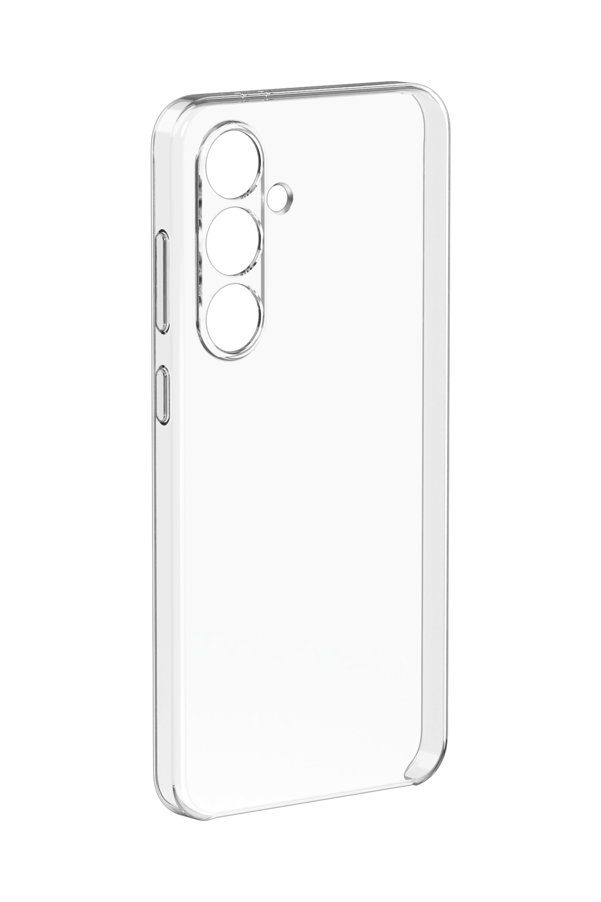 Una funda transparente para teléfono, mostrando la parte trasera con recortes para la cámara.