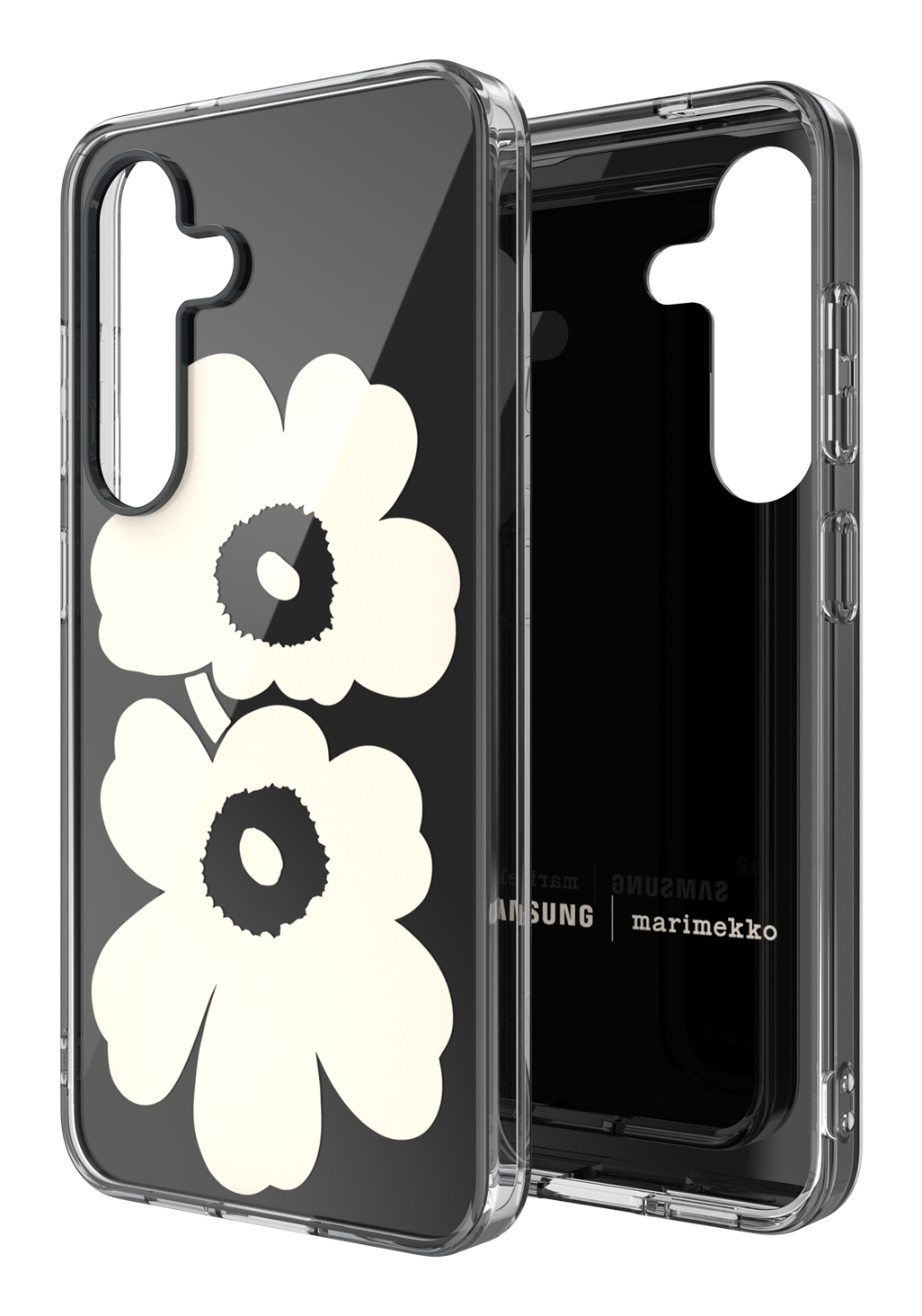 Custodia trasparente per telefono con design floreale, sfondo nero, loghi Samsung e Marimekko.