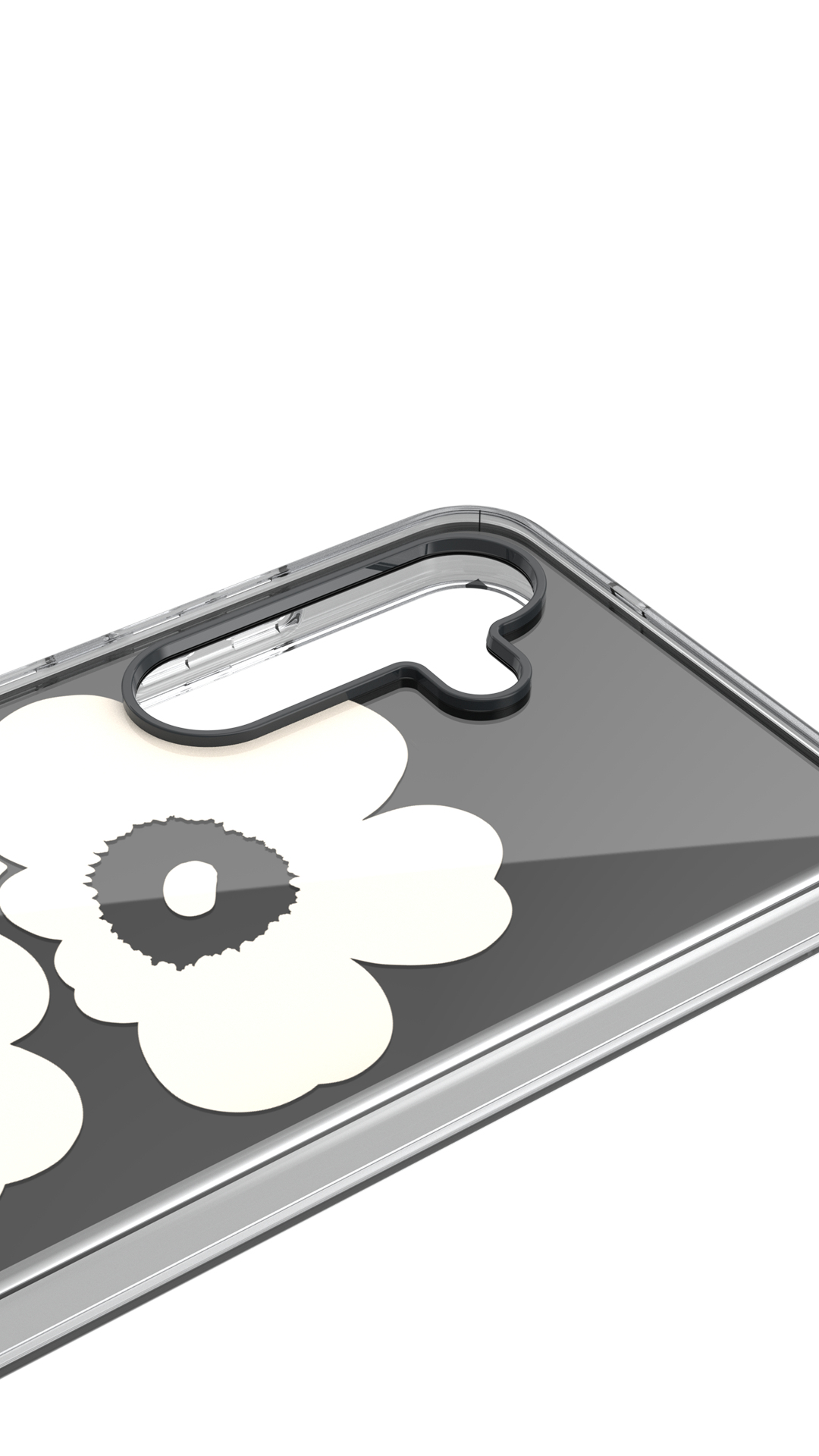 Custodia trasparente con design a fiori bianchi. Mostra il ritaglio della fotocamera del telefono e i lati trasparenti.