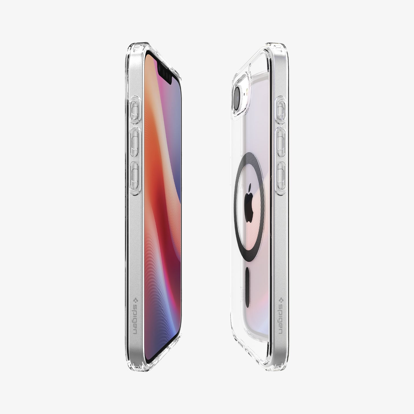 Twee doorzichtige telefoonhoesjes, een met telefoon. Beide op een witte achtergrond.