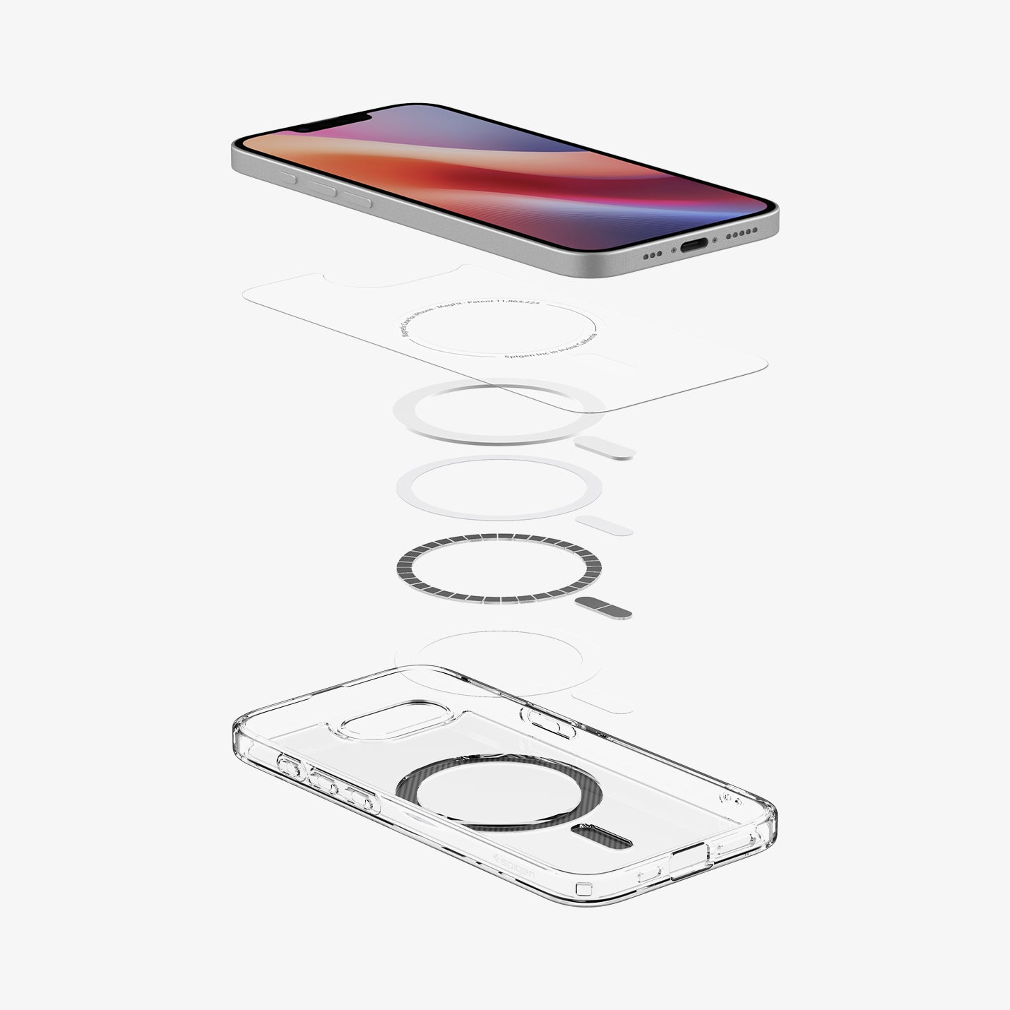 Telefoon en hoesje met de binnenkant, met magnetische ringen.