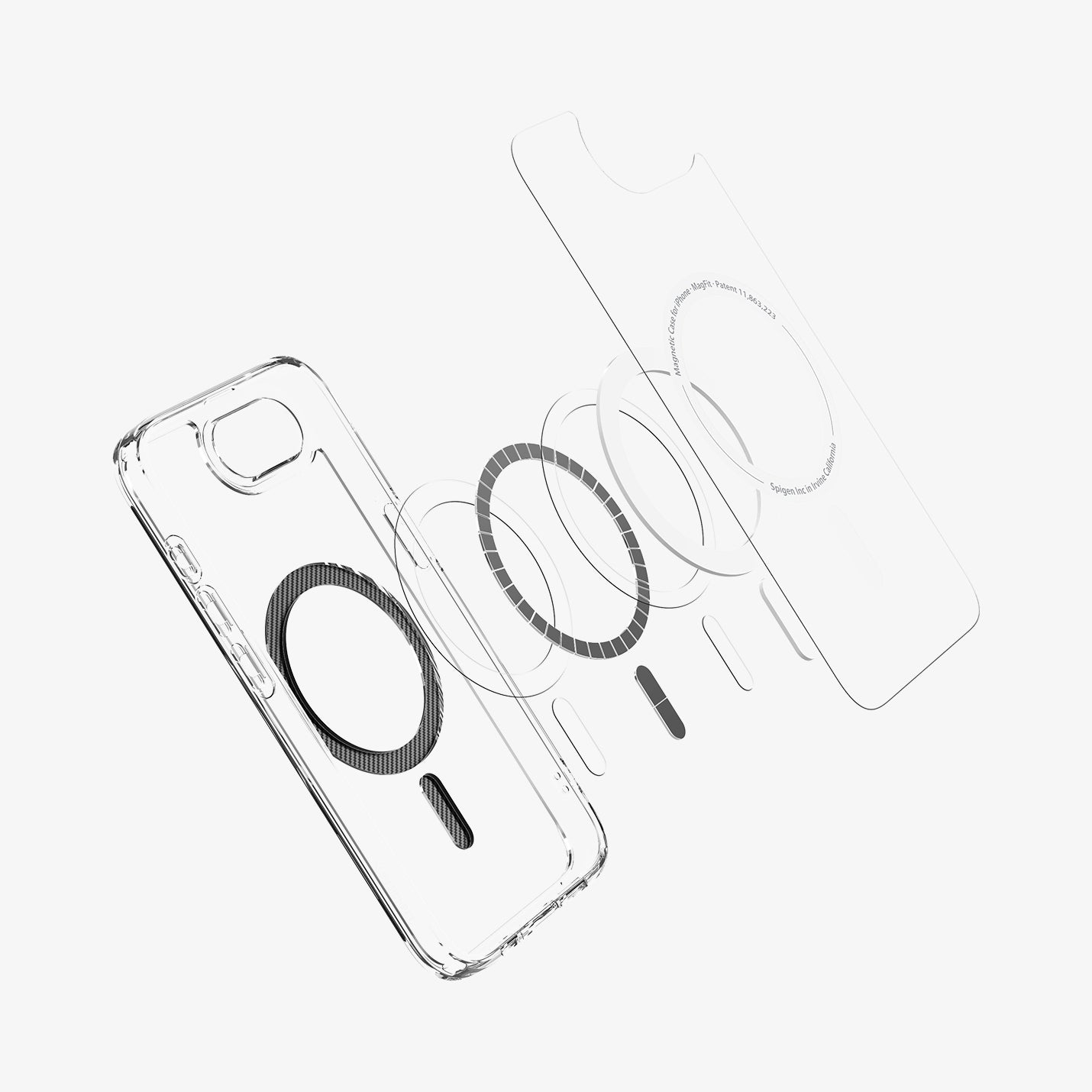 Exploded view van een doorzichtige telefoonhoes met een zwarte magnetische ring en andere componenten.