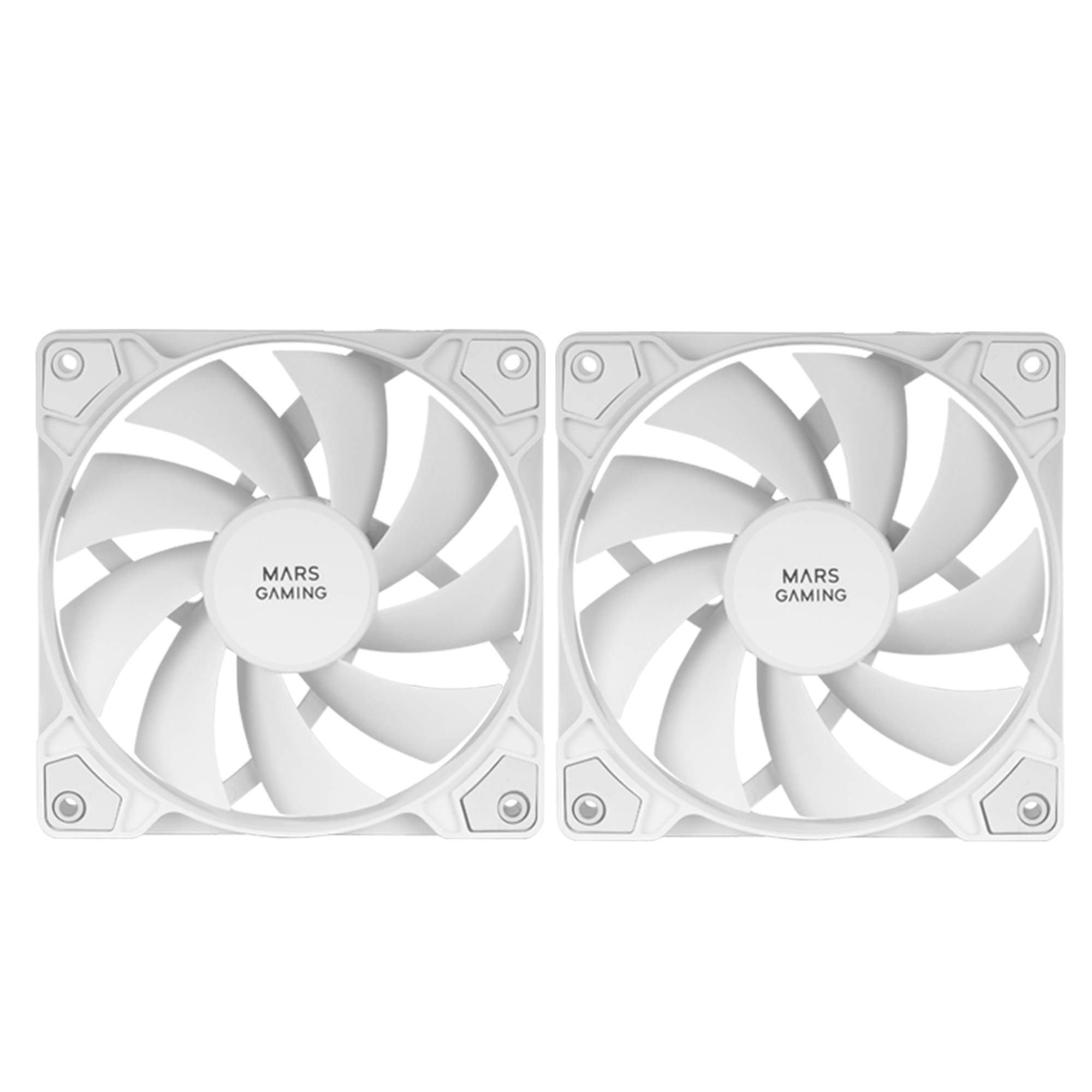 Dos ventiladores de computadora blancos con el texto "MARS GAMING" en el centro.