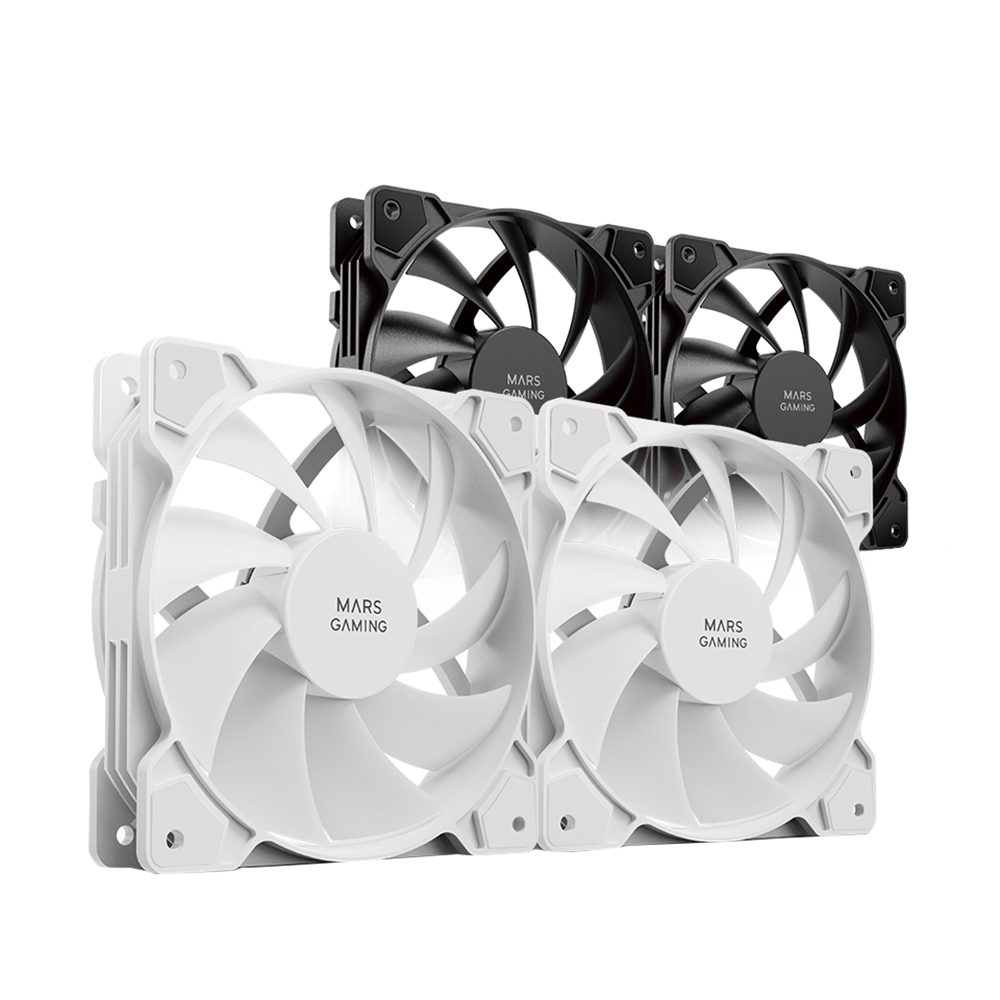 Tres ventiladores de computadora en blanco y negro con la marca MARS GAMING.