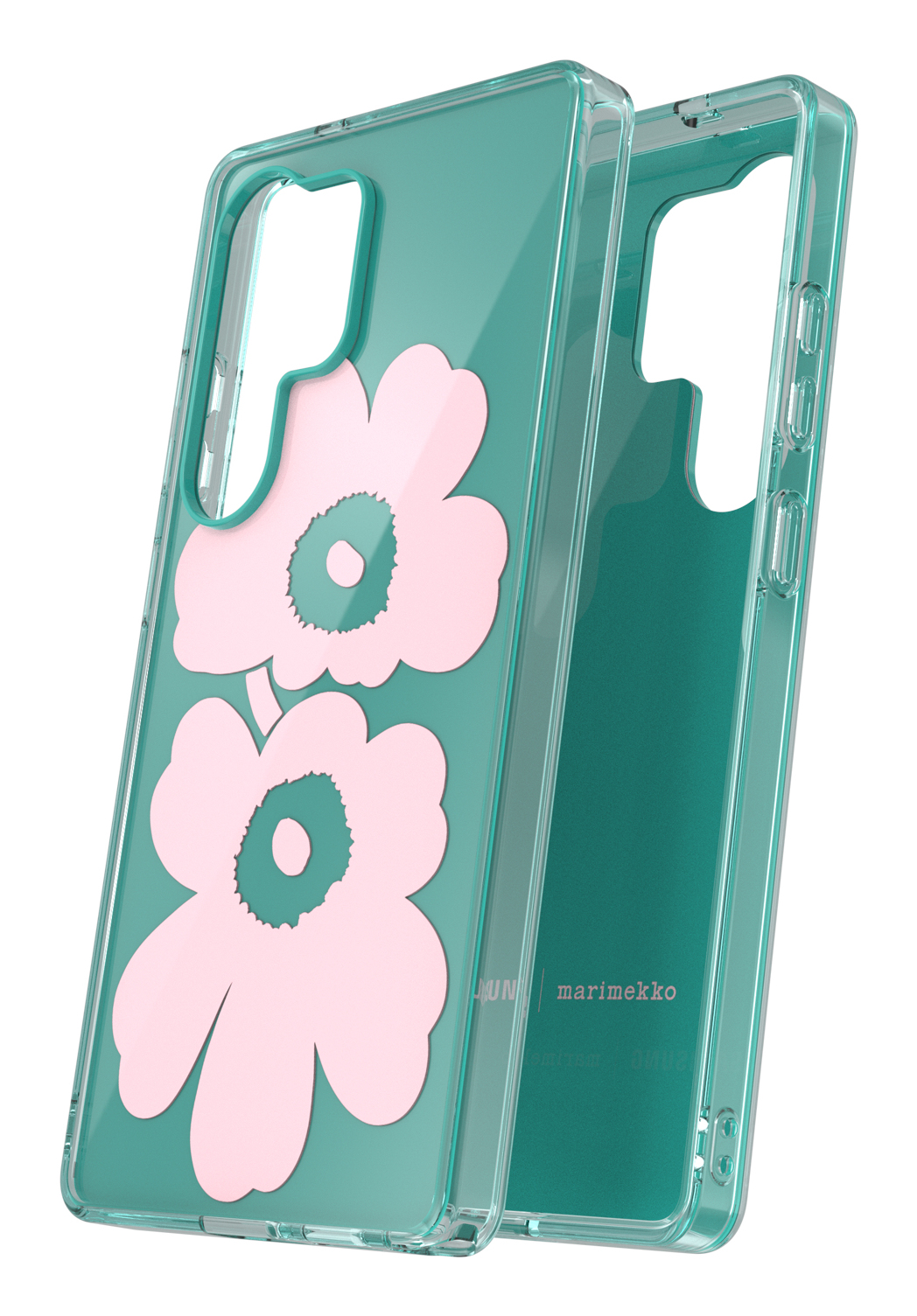 Türkisfarbene Handyhüllen mit rosa Blumendesign. Klare Hülle mit zwei Blumen.
