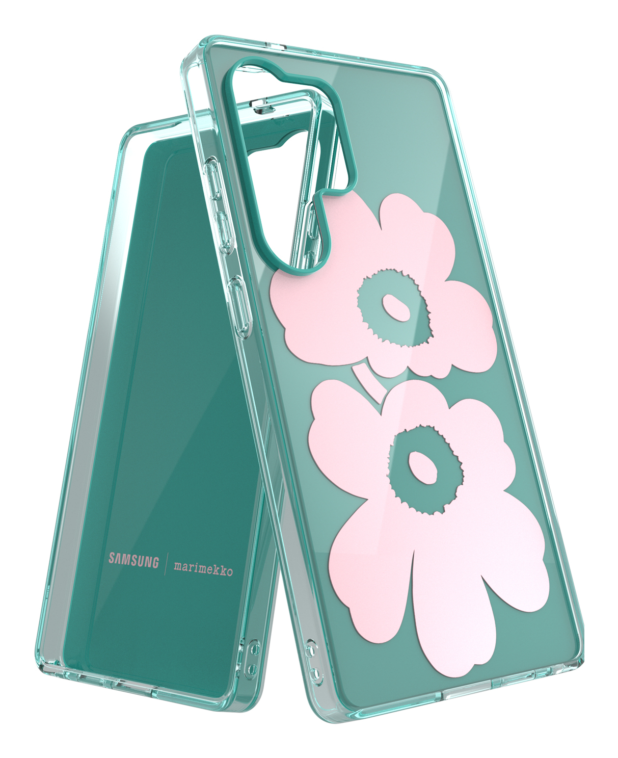 Handyhülle mit rosa Blumen auf türkisem Hintergrund. Die Hülle ist transparent und leicht angewinkelt. Samsung Logo.