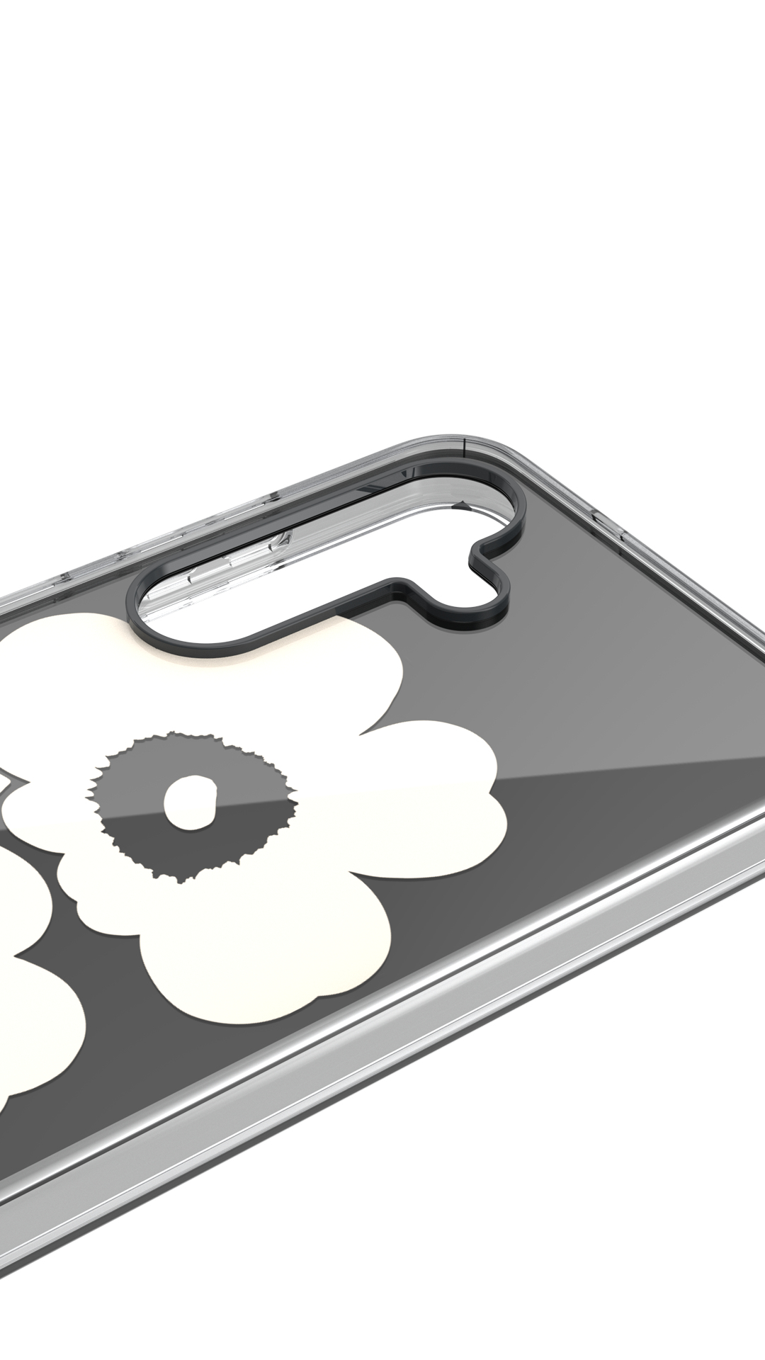 Custodia trasparente per telefono con design floreale bianco. Sfondo grigio. Vista ravvicinata.