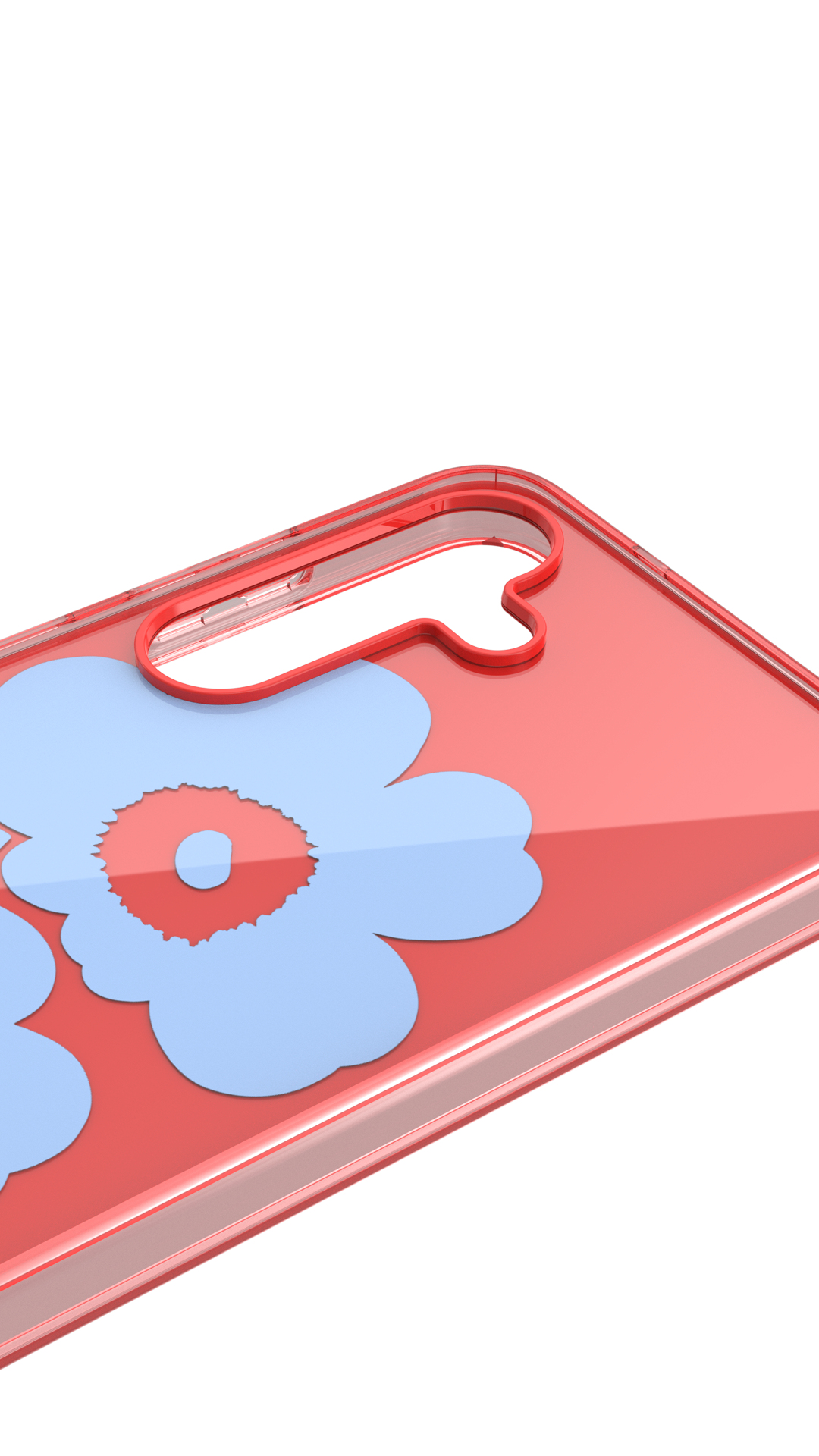 Una funda roja para teléfono con formas de flores azules.