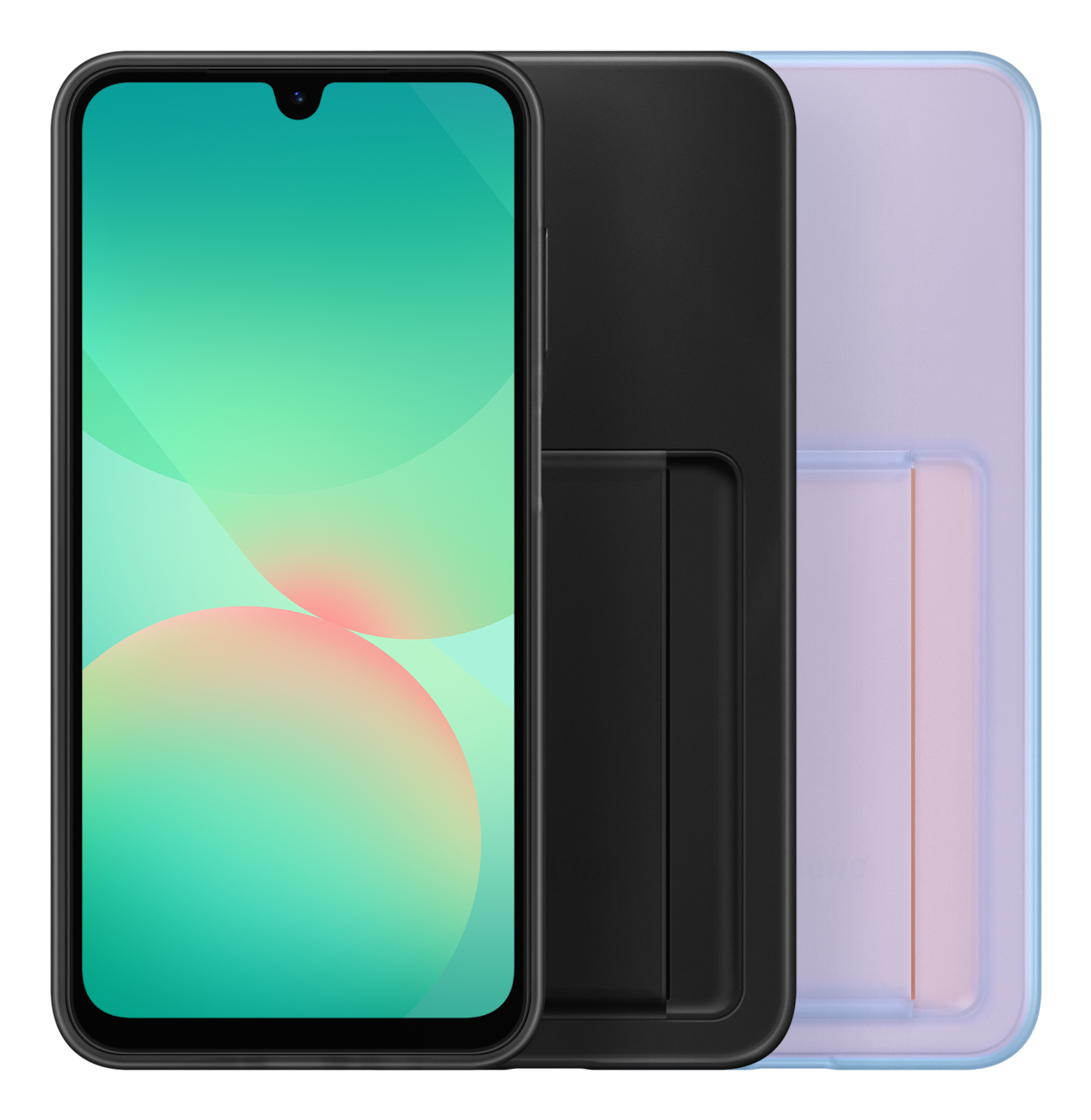 Een smartphone met groene en rode vage cirkels op het scherm, met een zwarte achterkant en hoes.