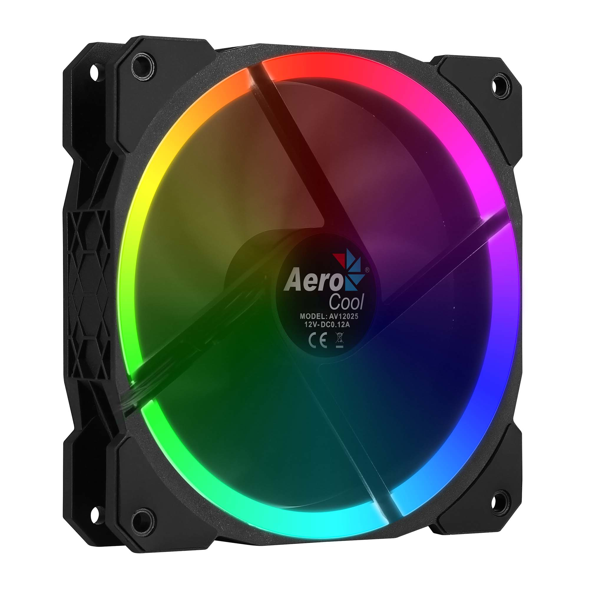 Ventola nera con luci LED colorate. Logo AeroCool al centro, su sfondo bianco.