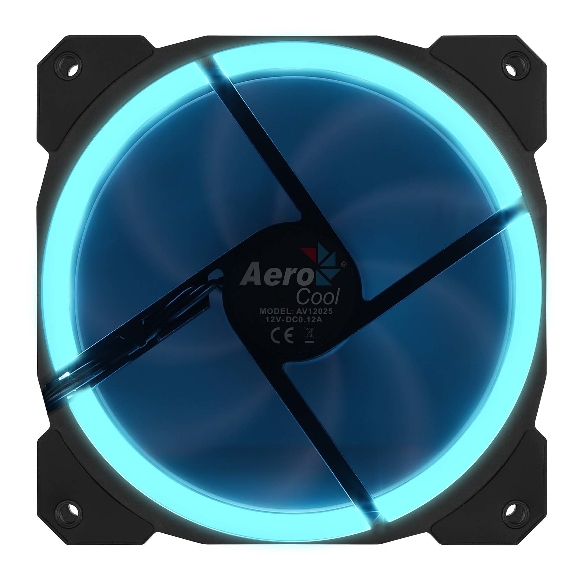 Una ventola per computer con illuminazione a LED blu. La ventola ha una cornice nera e un logo centrale.