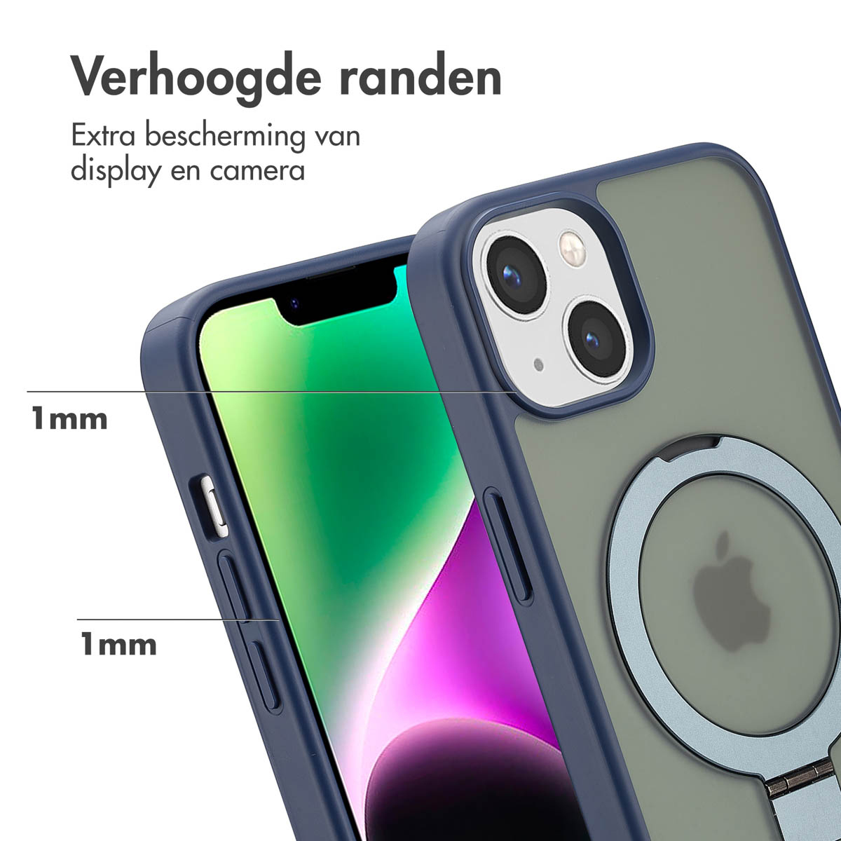 Telefoonhoesje met verhoogde randen. Een blauwe rand op een groene hoes met zilveren ring.