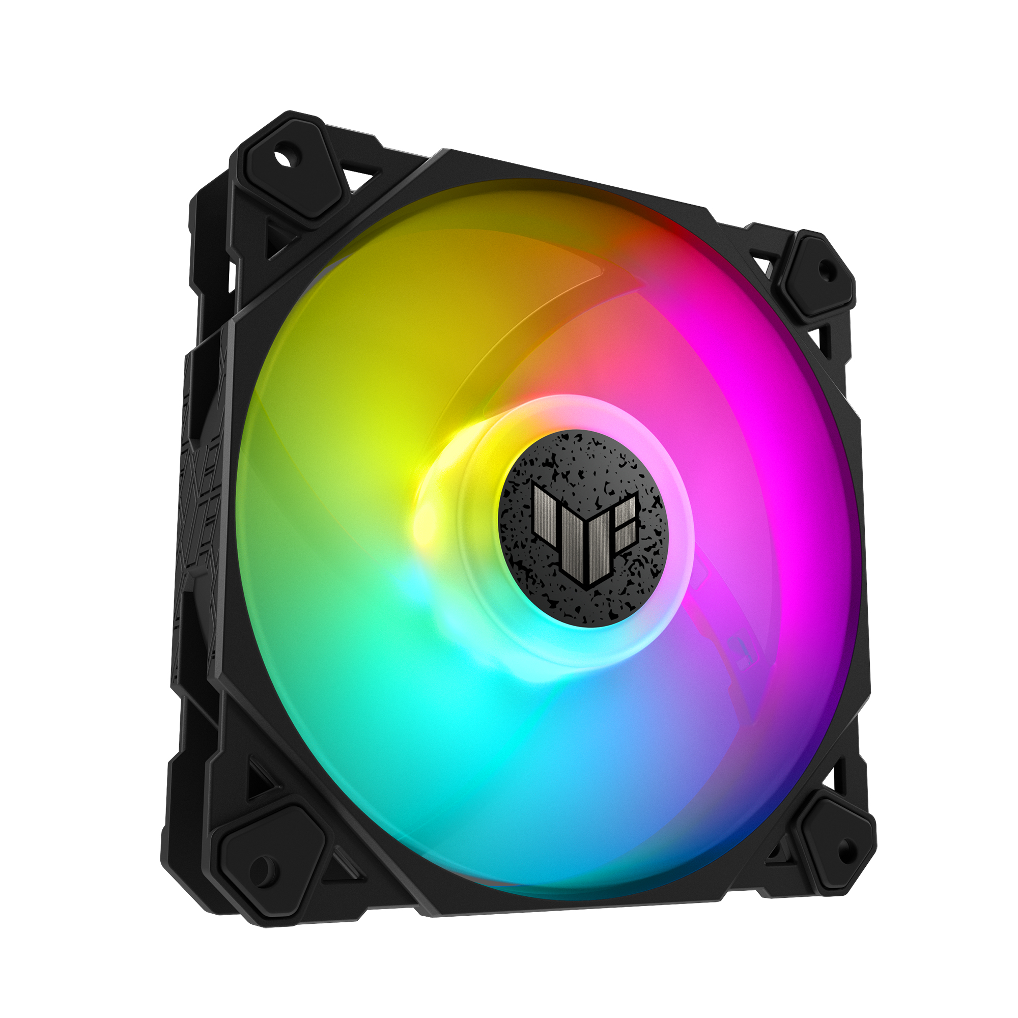 Ein Computerlüfter mit schwarzem Rahmen und einem regenbogenfarbenen Innenlüfter.