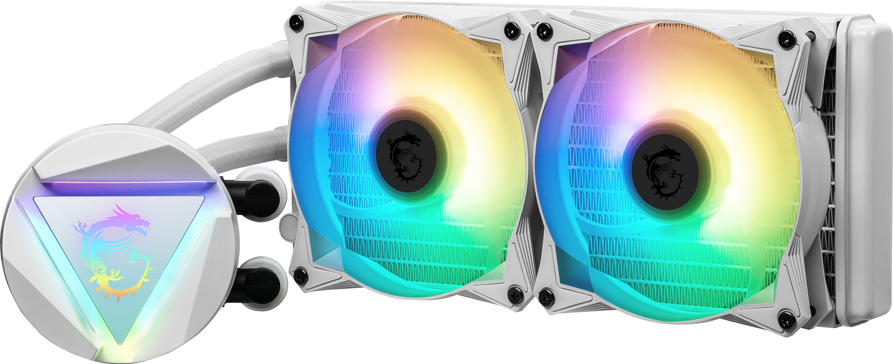 Un enfriador líquido blanco con dos ventiladores, cada uno con iluminación RGB, y una bomba con un logo.