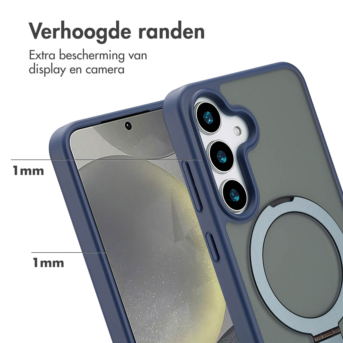 Een telefoonhoesje met een blauwe rand en een grijze achterkant. De hoes beschermt de camera en het scherm van de telefoon.