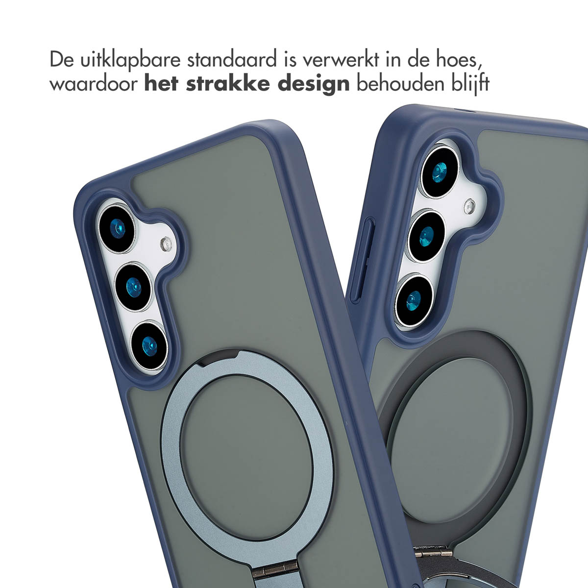 Twee telefoonhoesjes met ringhouders worden getoond. Beide hoesjes zijn grijs en blauw. Er staat een tekst bovenaan.