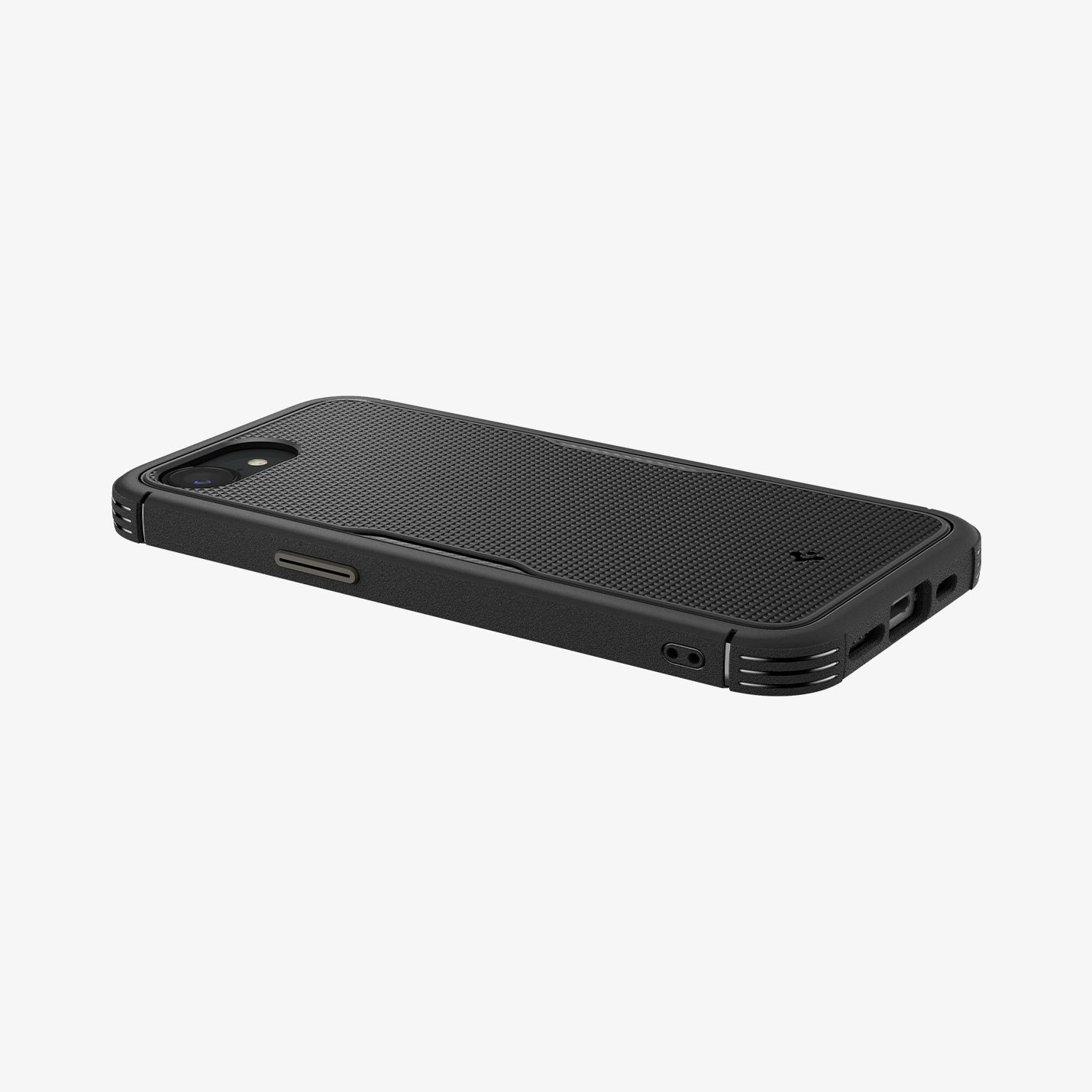 Una custodia nera per telefono. La custodia è strutturata e la fotocamera e la porta sono visibili sul lato.