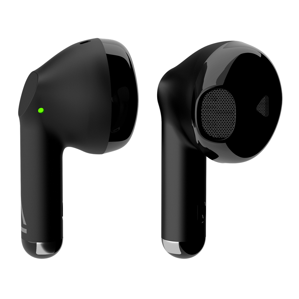 Auricolari wireless neri. Hanno una luce verde su un auricolare. Il design è moderno.