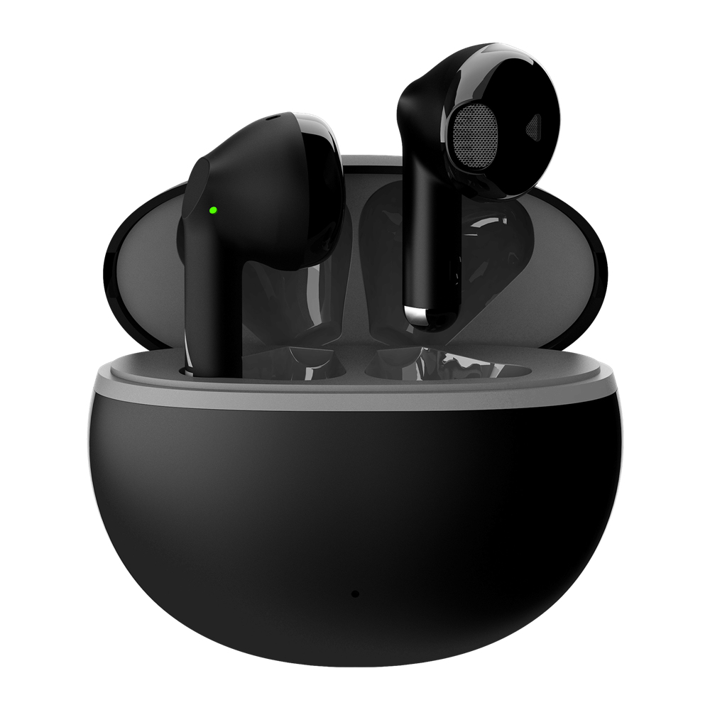Auricolari wireless neri in una custodia di ricarica. Gli auricolari sono neri e in una custodia aperta.