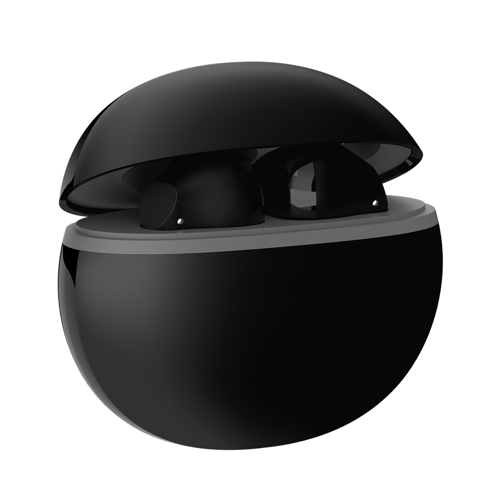 Auricolari wireless neri in una custodia di ricarica nera. La custodia è aperta, rivelando gli auricolari.